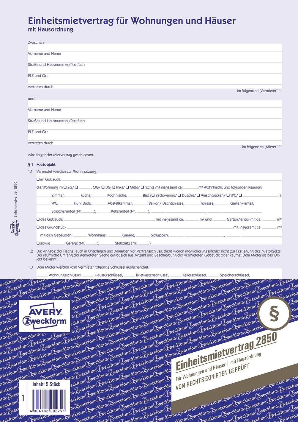 Formularblock 2850 2850 Einheitsmietvertrag - Wohnungen und Häuser DIN A4 mit Hausor