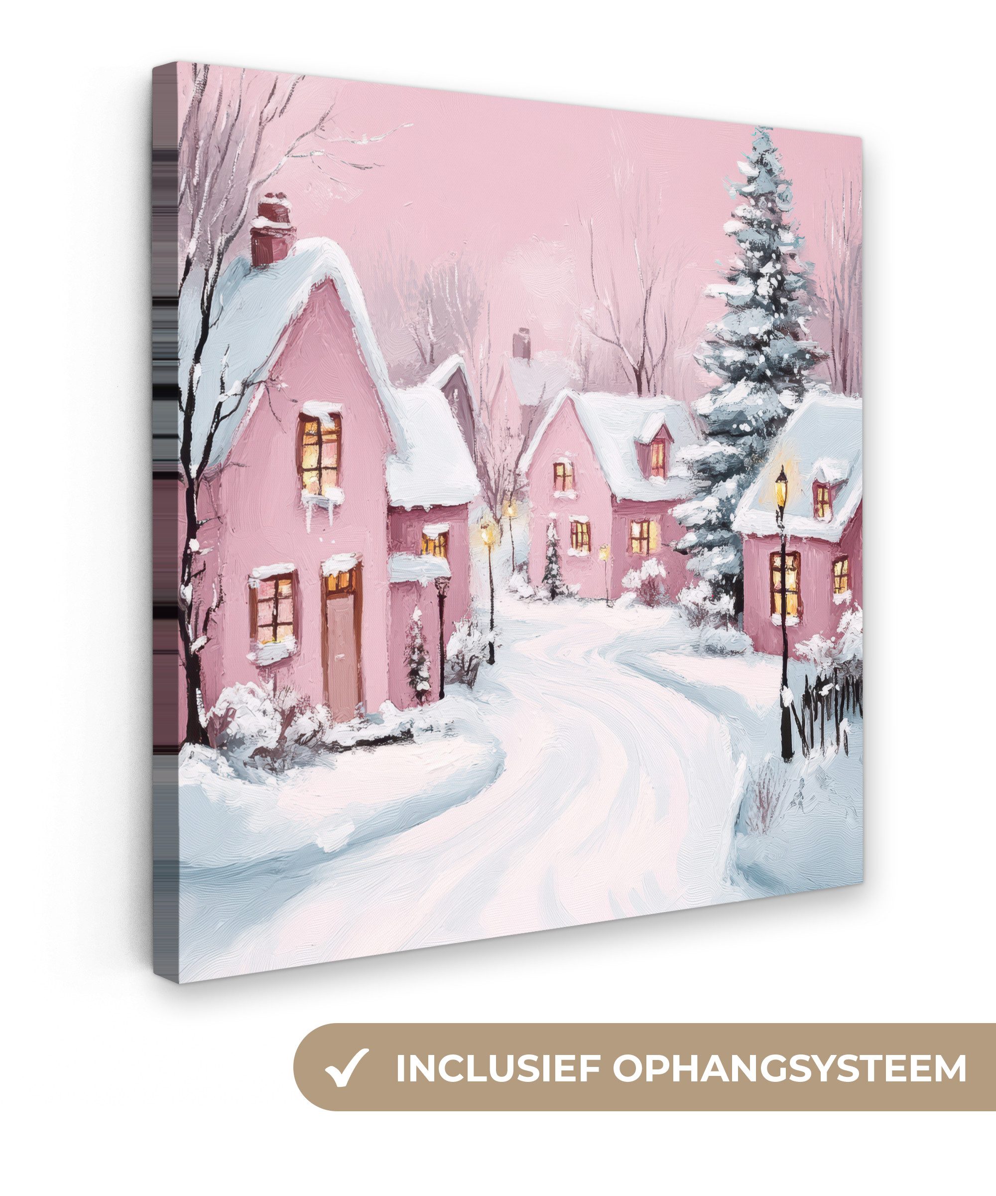 OneMillionCanvasses® Leinwandbild Weihnachtsdorf - Rosa - Winter - Schnee - Häuser, Fotodruck (1 St), Wandbild, Deko Schlafzimmer Wohnzimmer Flur 20x20 cm