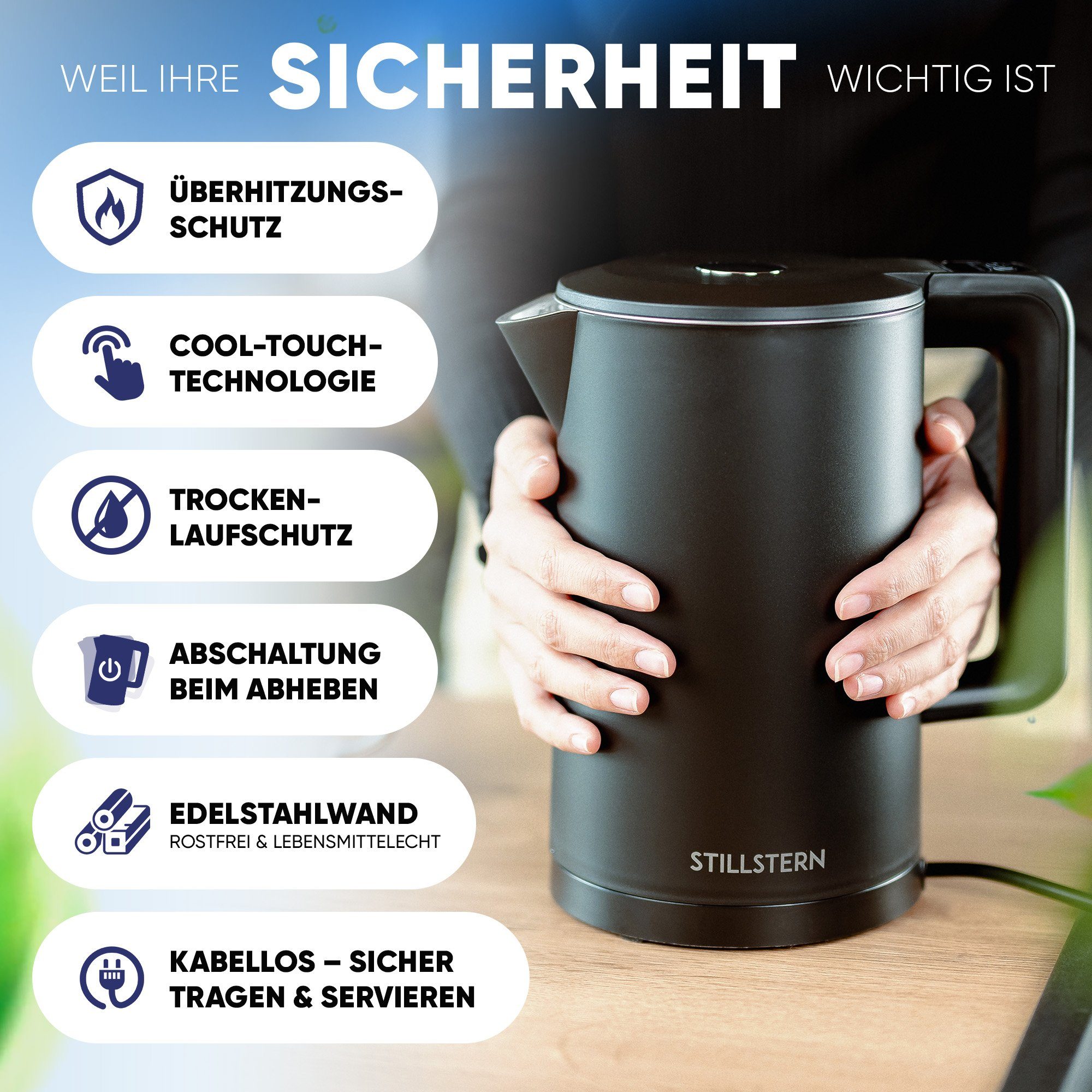 Wasserkocher 2200W, mit W, Stillstern Schwarz Std. Wasserkocher 12 Leise Temperatureinstellung, Schnelles Aufkochen, 1,7L, 2200 Warmhaltefunktion,