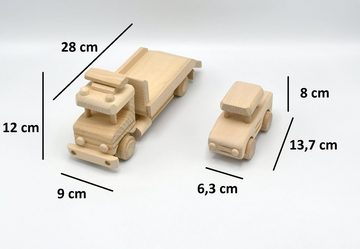 MyBer® Spielzeug-Abschlepper LKW aus Massivholz mit Anhänger Abschleppwagen Autotransporter Lafette Handarbeit PM_DG026