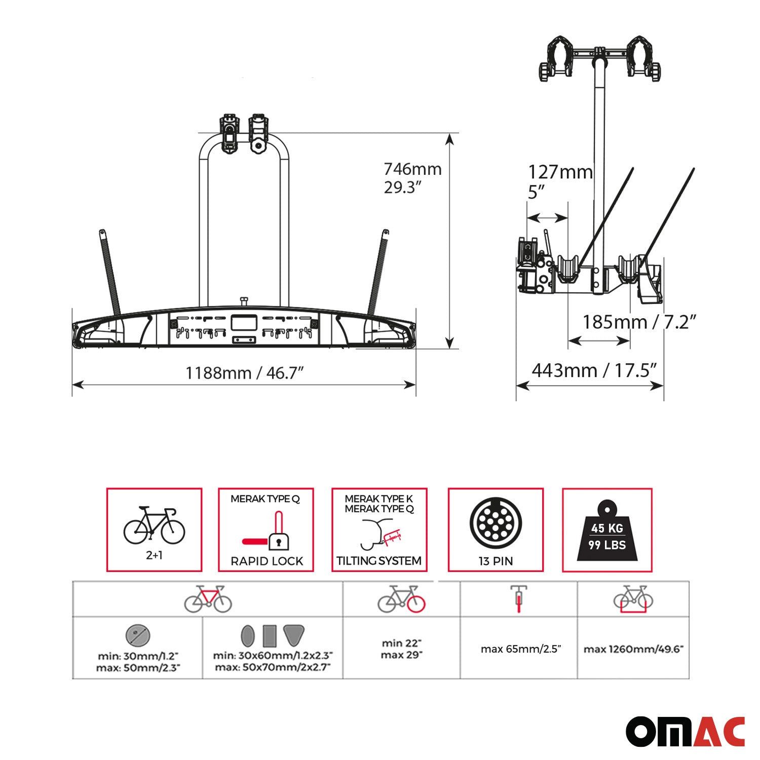 OMAC Fahrrad-Deichselträger Fahrradträger Anhängerkupplung E Bike 2 Fahrräder, Abnehmbar, Faltbar