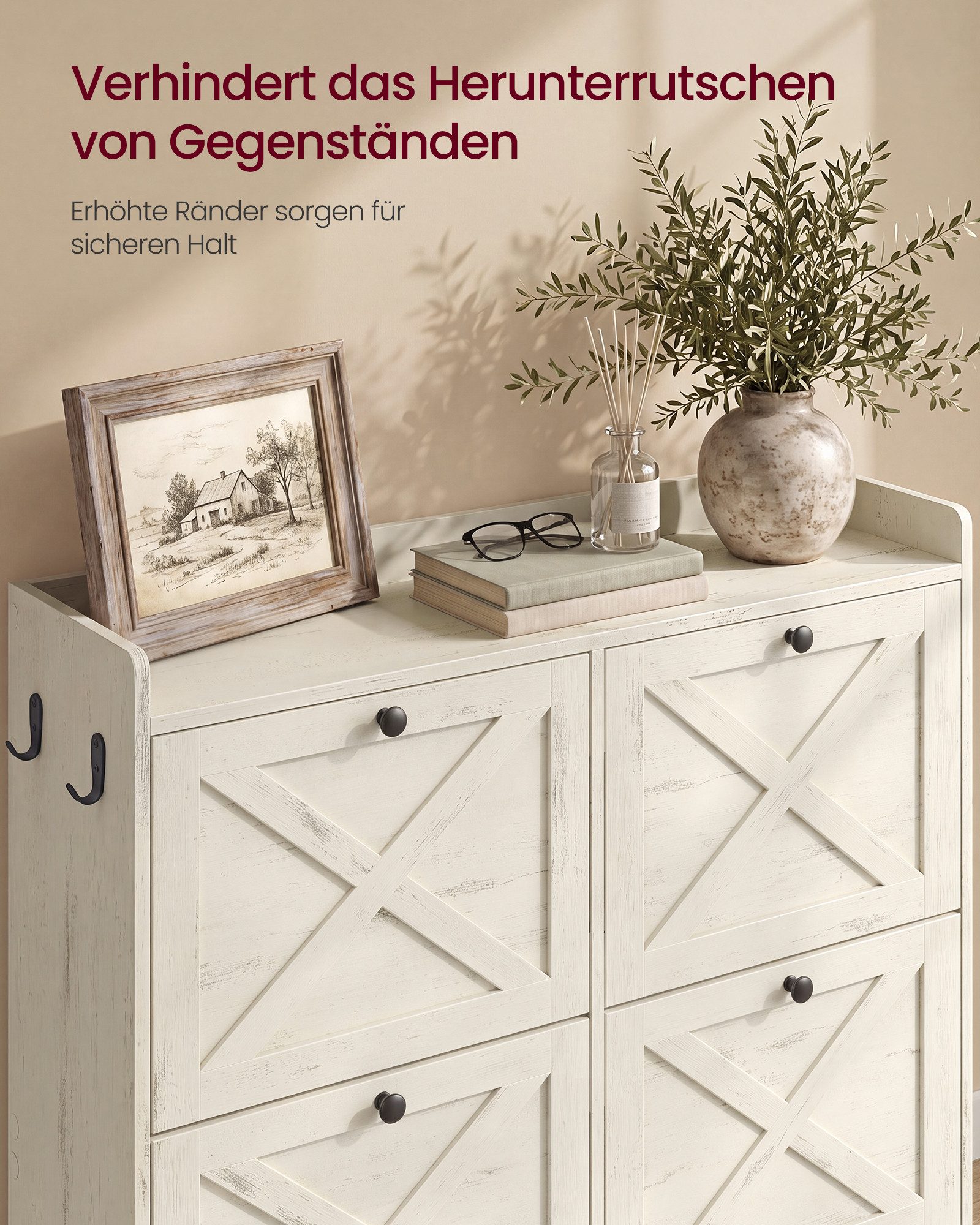 VASAGLE Schuhschrank Schuhkipper schmal, mit 3 oder 4 Klappen, Landhausstil Schuhregal mit verstellbaren Trennwänden, bis EU-Größe 46