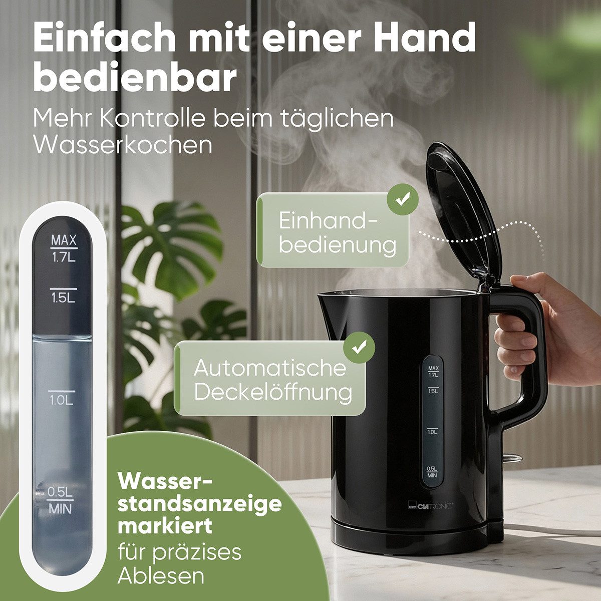 CLATRONIC Wasserkocher WK 3835, Wasserkocher 1,7L, 2200W, Einhandbedienung