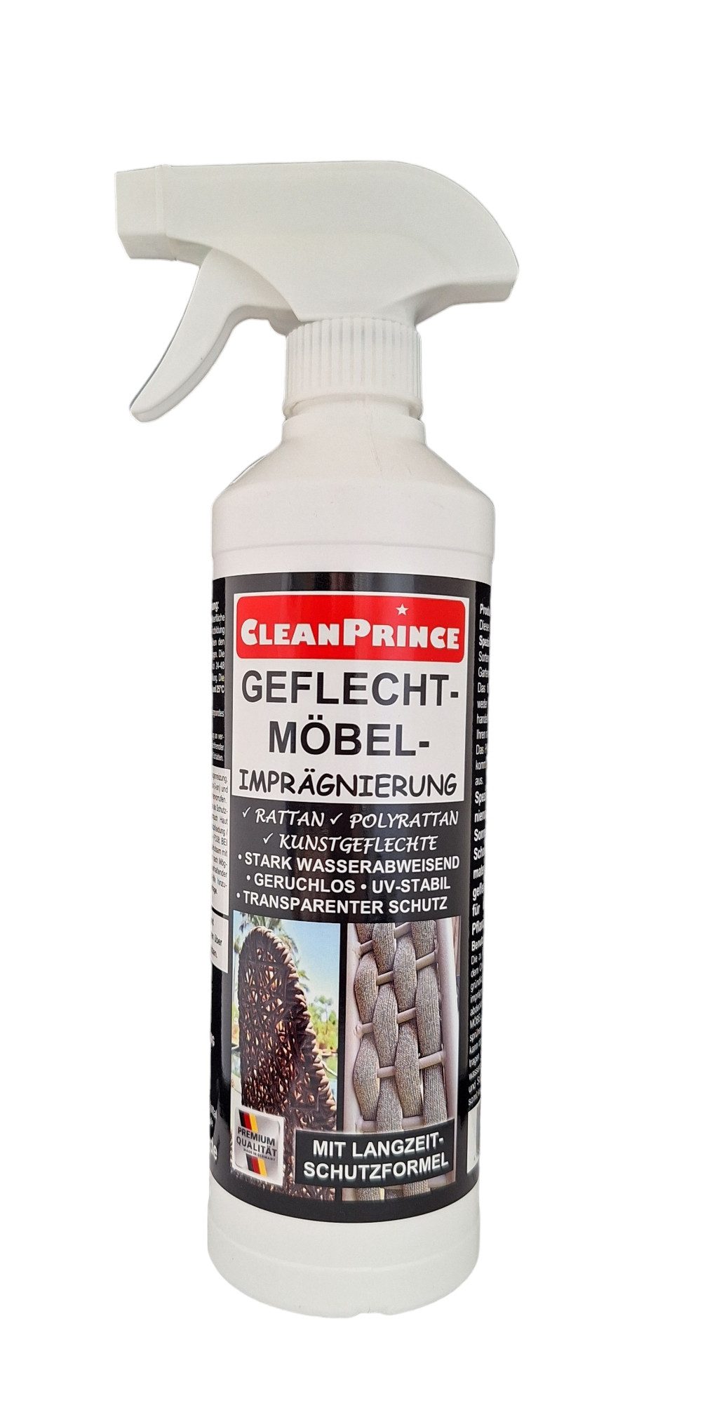 CleanPrince Geflecht Möbel Imprägnierung, Poly- & Rattan transparent versiegeln Imprägnierspray, tiefenwirksame Spezialimprägnierung UV-stabil