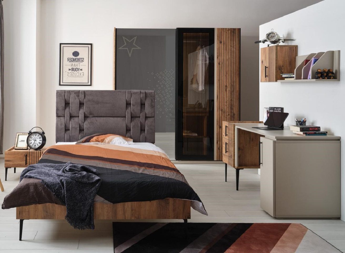 Xlmoebel Jugendzimmer-Set Modernes Möbelset mit Bett und geräumigem Kleiderschrank, (4tlg Schlafzimmer Set(Bett+Kleiderschrank+Schreibtisch+Regal), Hergestellt in Europa