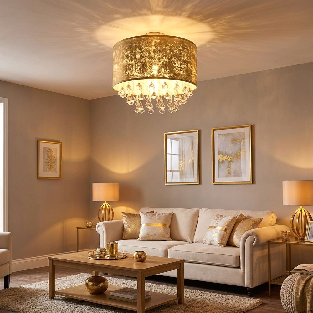 GLOBO LIGHTING Deckenleuchte, Leuchtmittel nicht inklusive, Deckenlampe Deckenleuchte Kronleuchter Kristalllampe Blattgold Textil