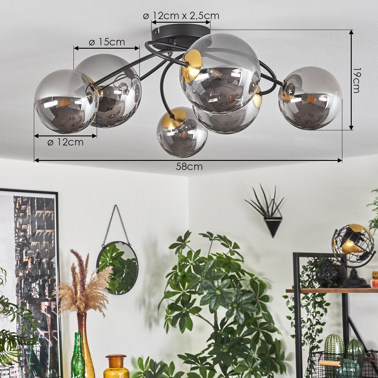 hofstein Deckenleuchte Deckenlampe aus Metall/Glas in Schwarz/Goldfarben/Rauchfarben, ohne Leuchtmittel, Leuchte im Retro-Design aus Glas, 6 x G9 LED, ohne Leuc – Bild 4 von 5