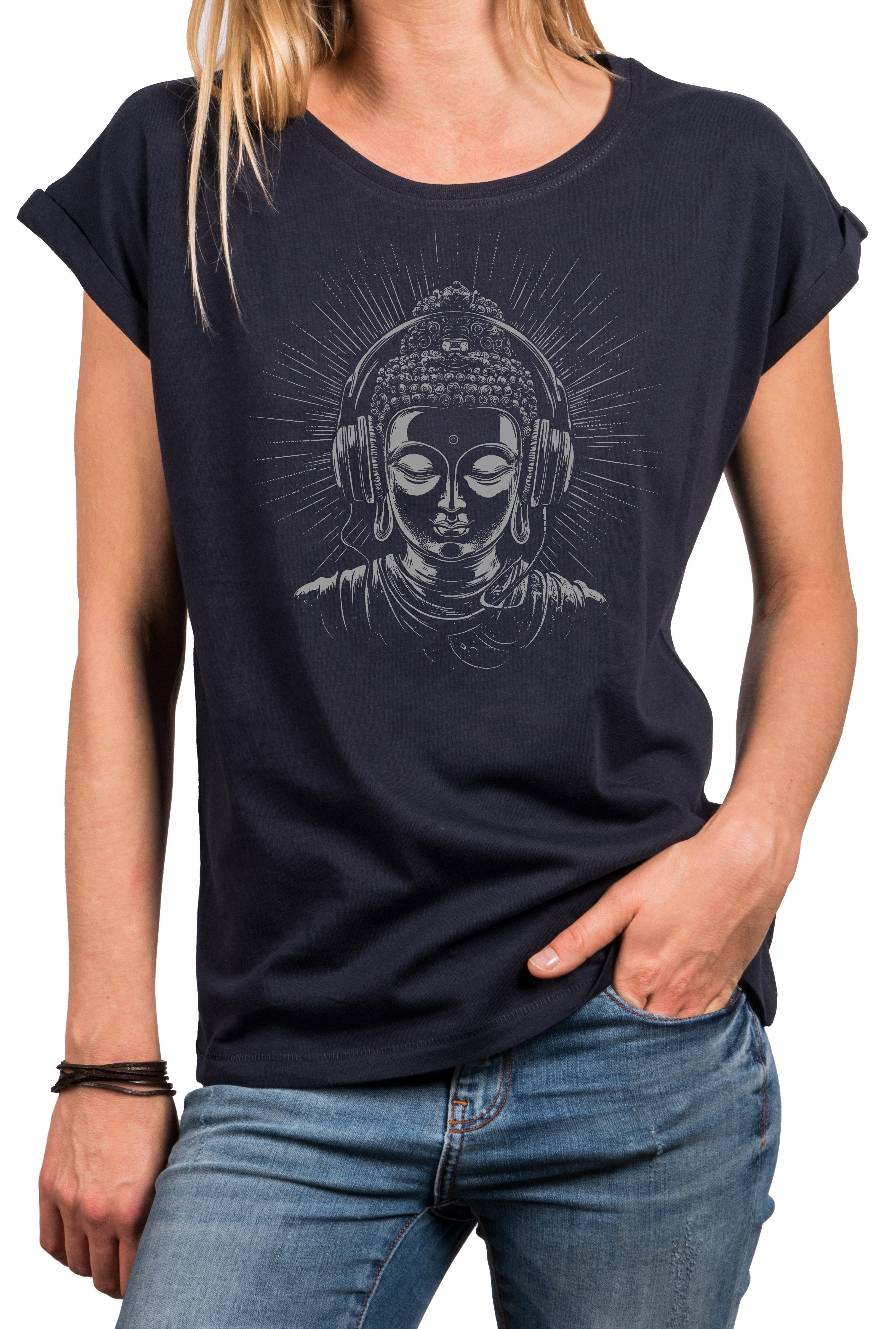 MAKAYA Print-Shirt Damen Buddha Motiv Kopfhörer Yoga Frauen Tops Sportlich günstig online kaufen