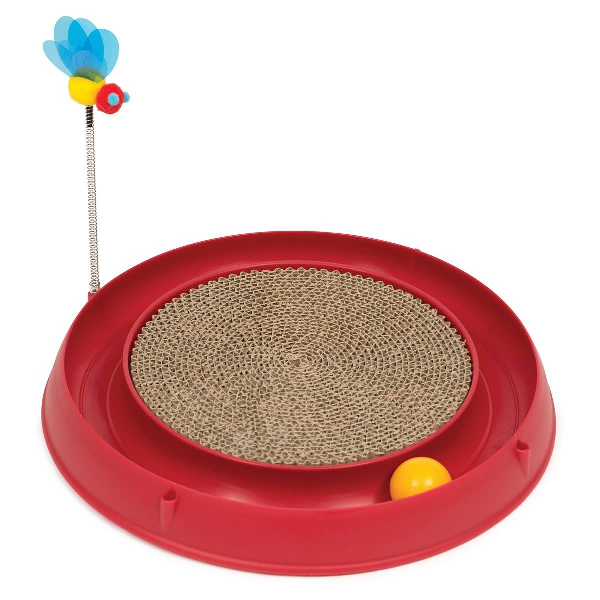 Katzen-Spielschiene 3in1 mit Kratzer und Spielzeug rot