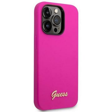 Guess Handyhülle Guess Apple iPhone 14 Pro Hard Case Silicone Vintage Gold Logo Pink