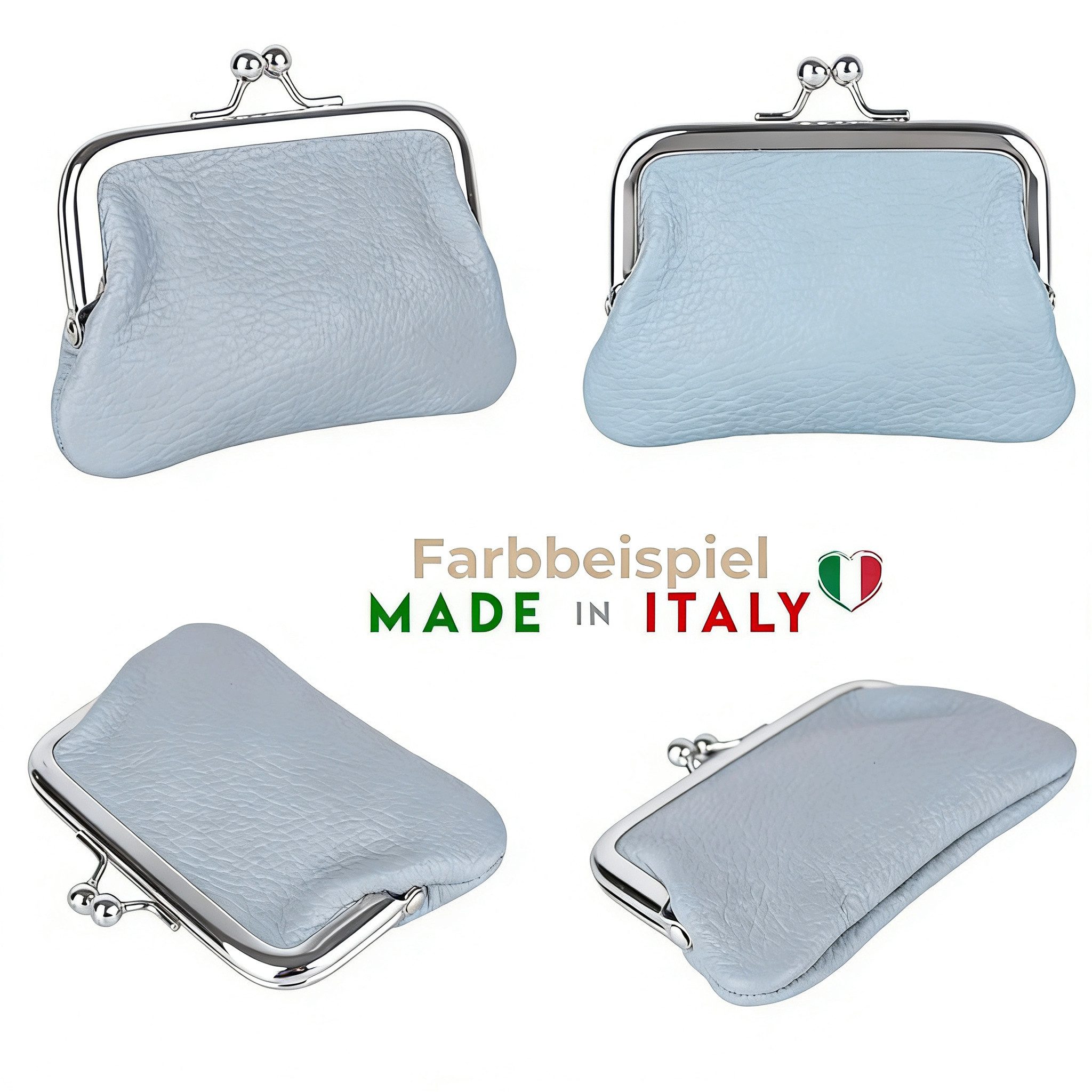 MIRROSI Mini Geldbörse Kleines Mittelgroßes Portemonnaie MADE IN ITALY Echtleder (ca. 11x7,5x2cm BXHXT), (Silberfarbene Klippverschluss-Knipsbörse)