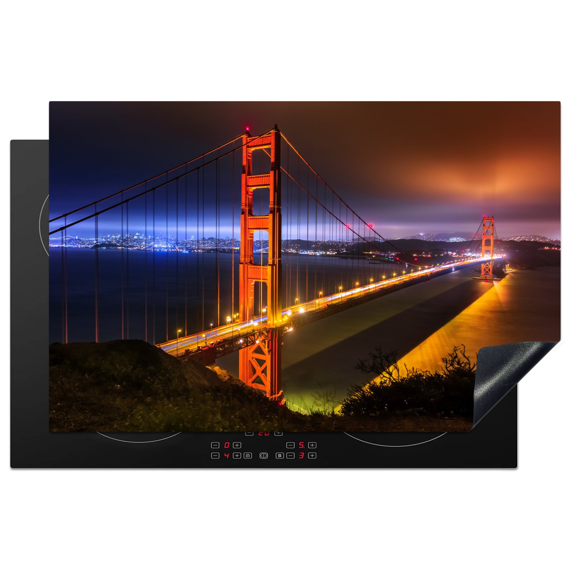 MuchoWow Herdblende-/Abdeckplatte Die Golden Gate Bridge bei Nacht beleuchtet, Vinyl, (1 tlg), 81x52 cm, Induktionskochfeld Schutz für die küche, Ceranfeldabdeckung