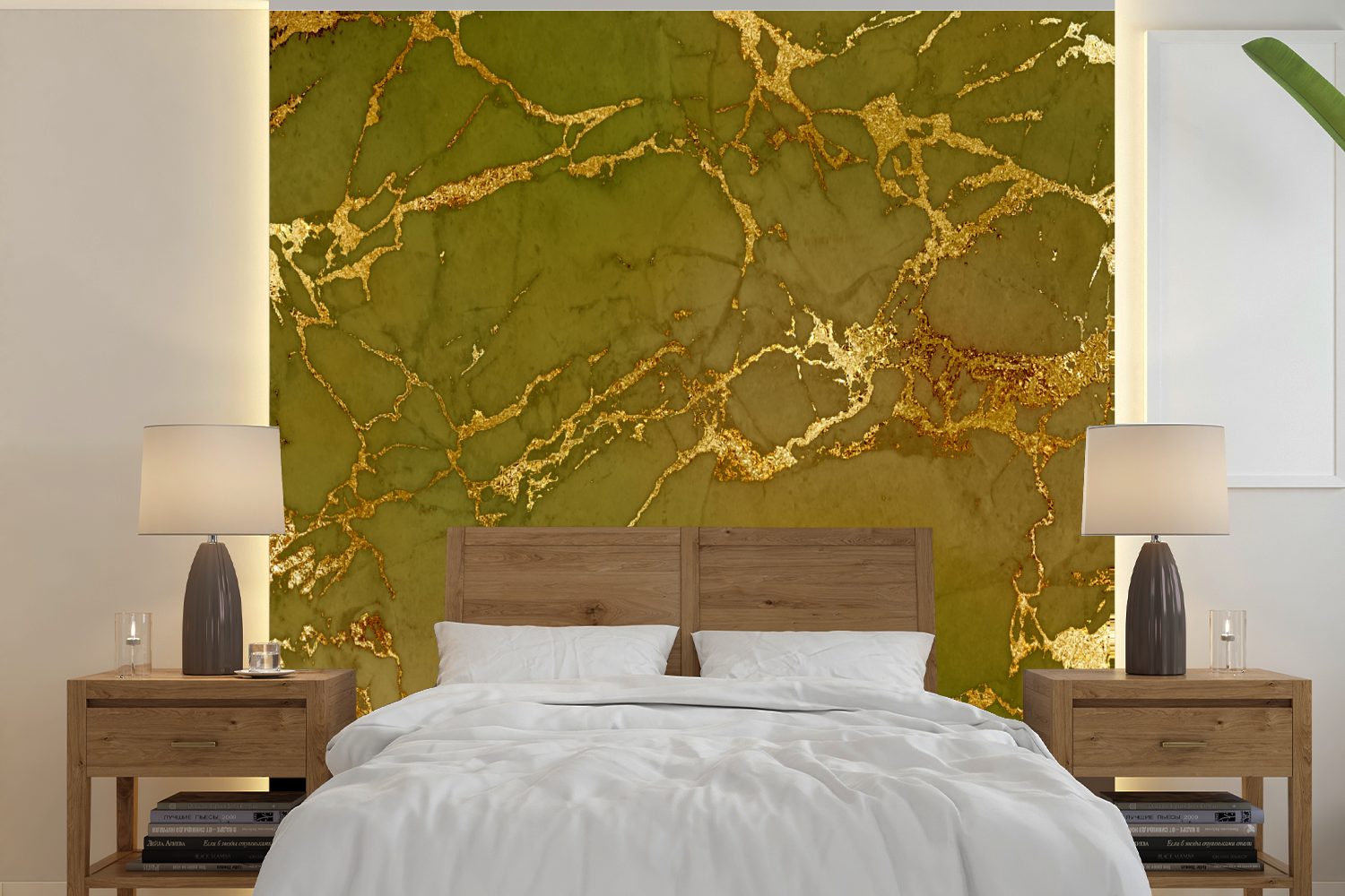 MuchoWow Fototapete Marmor - Muster - Gold - Grün, Matt, bedruckt, (5 St), Vinyl Tapete für Wohnzimmer oder Schlafzimmer, Wandtapete