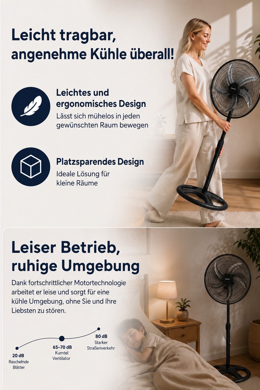 KUMTEL Standventilator KTF-340, 50 cm Durchmesser, 60 w,70° horizontale Oszillation, Höhenverstellbar