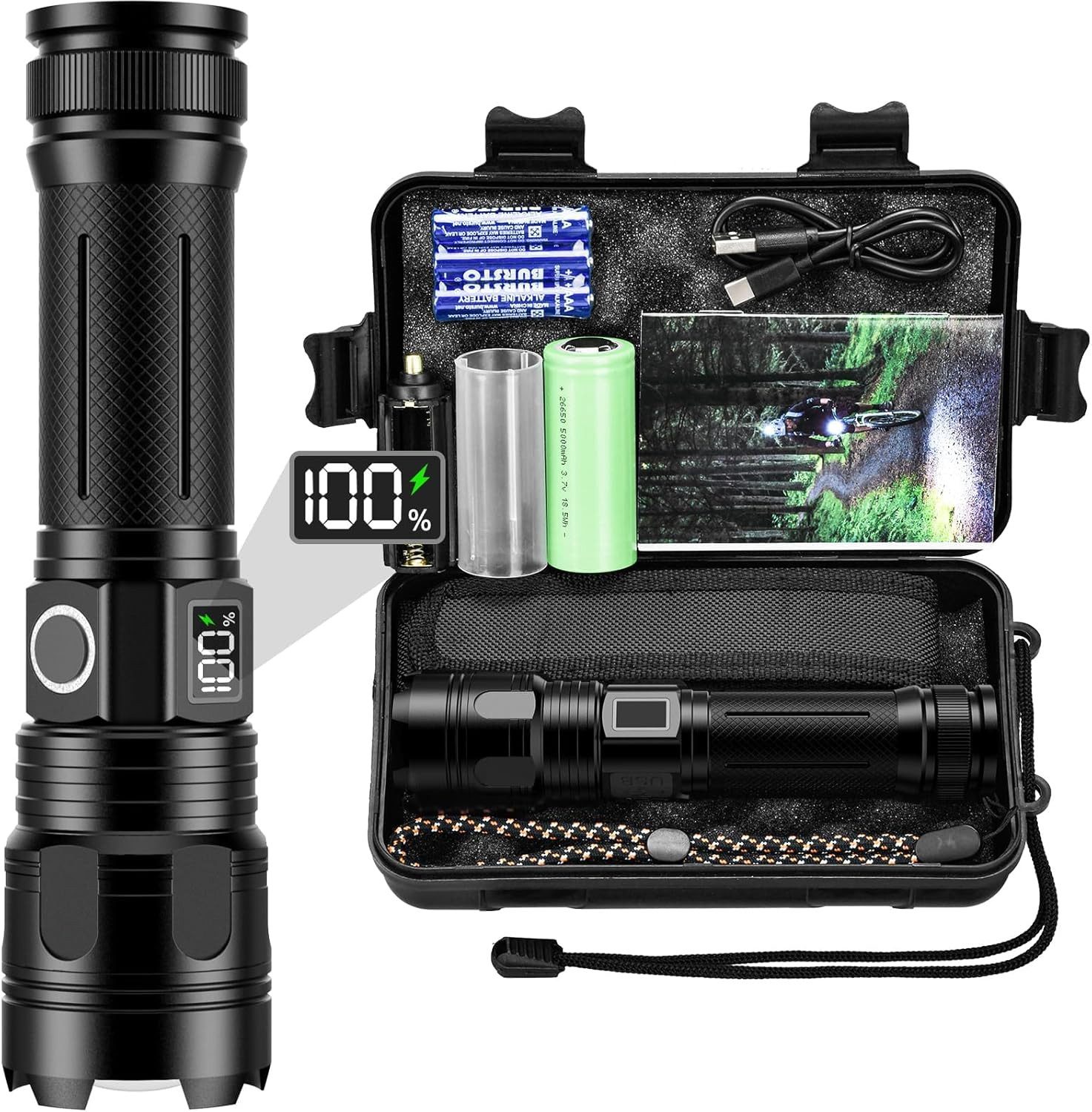 Kityhome Taschenlampe LED Aufladbar, 20000 Lumen LED Taschenlampe Extrem Hell, IP67, Wasserdicht, 5 Lichtmodi,für Camping, Wandern, Outdoor, Notfäll