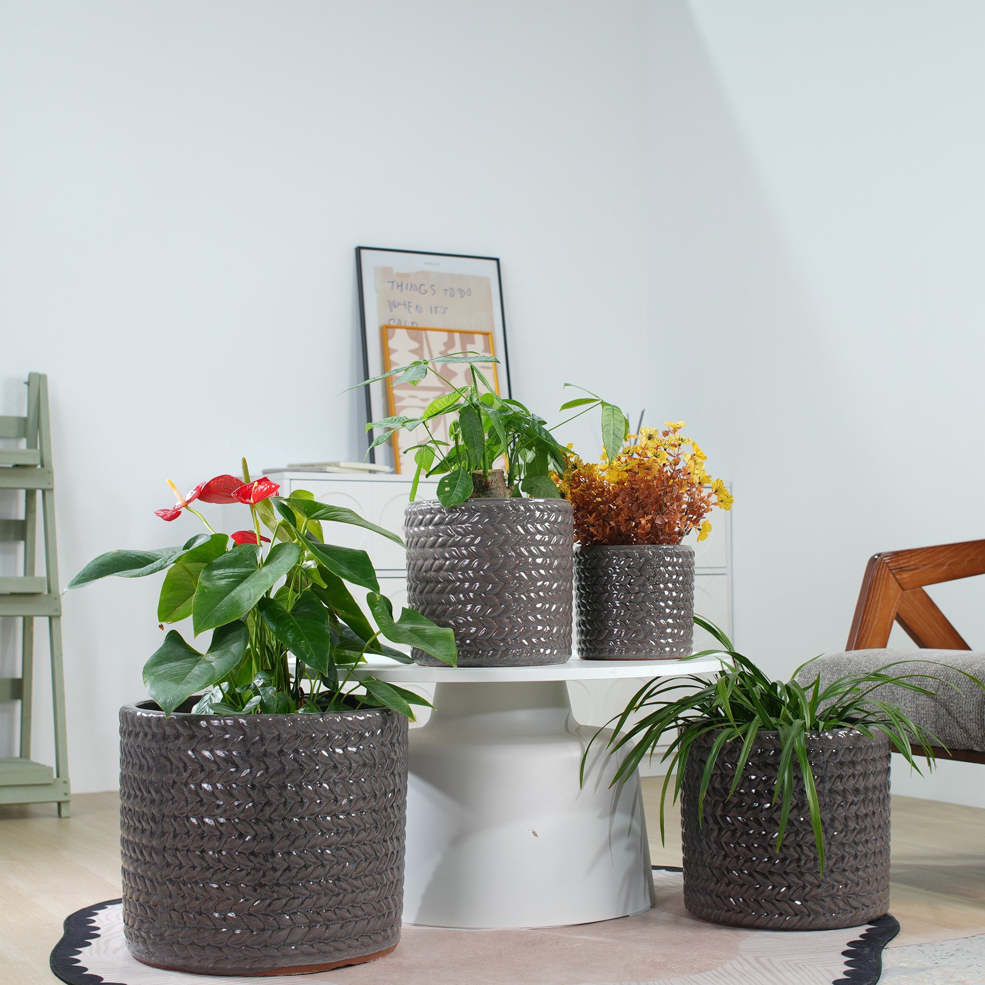 Odikalo Blumentopf Handgefertigter Keramik Pflanztopf-Set mit rundem Fischgrät-Relief (mit Ablauflöchern für Innen, Ø37/31/24,5/17,5 cm atmungsaktiv, frostsicher, glänzendesBalkon und Garten)