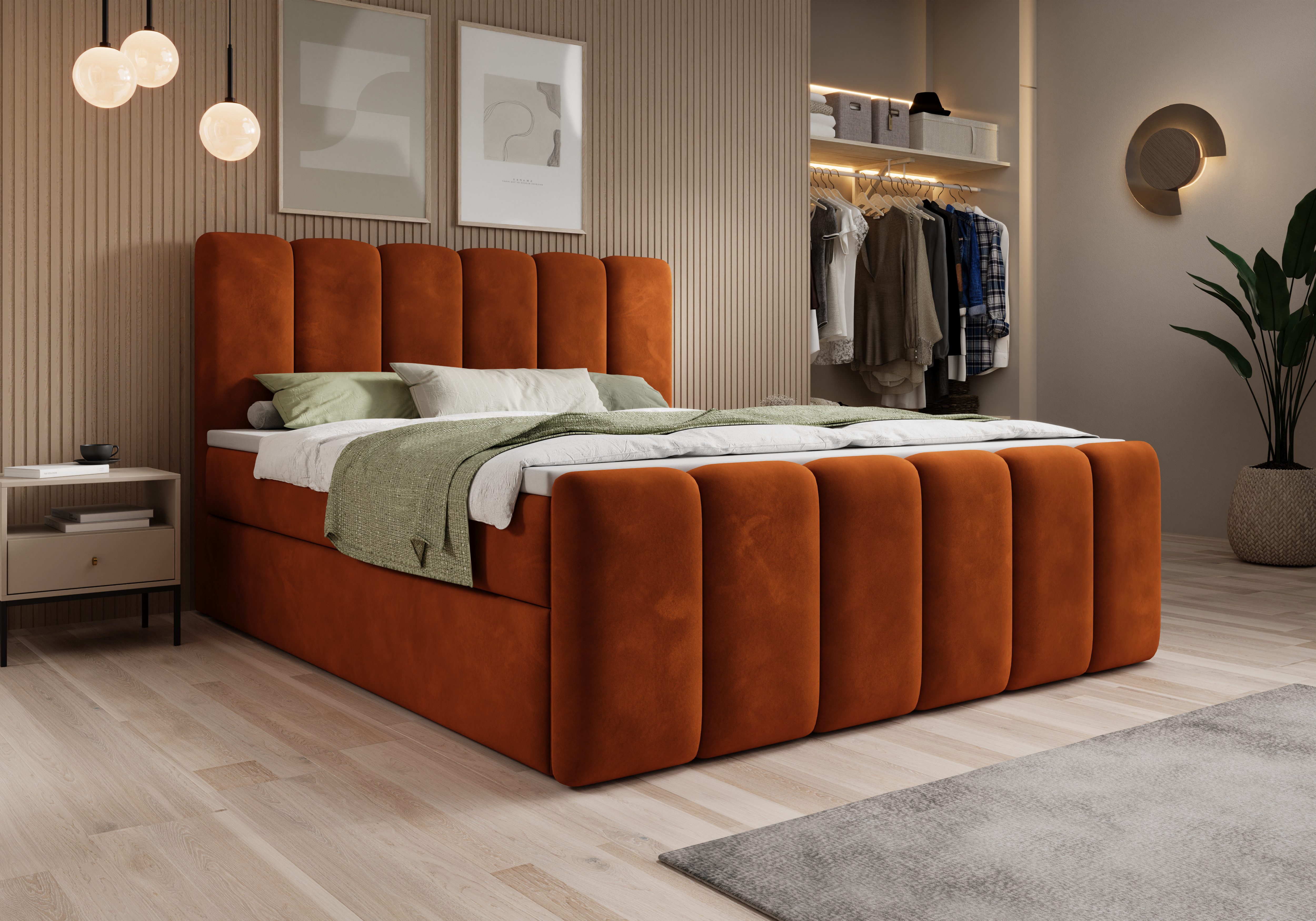 thematys Boxspringbett mit Bettkasten 140x200–200x200 cm – Velours oder Bouclé Bezug – (Polsterbett Bonnellfederkern Matratze H3 + Gratis 3cm Topper, Boxbett - Luxus Doppelbett mit Stauraum)