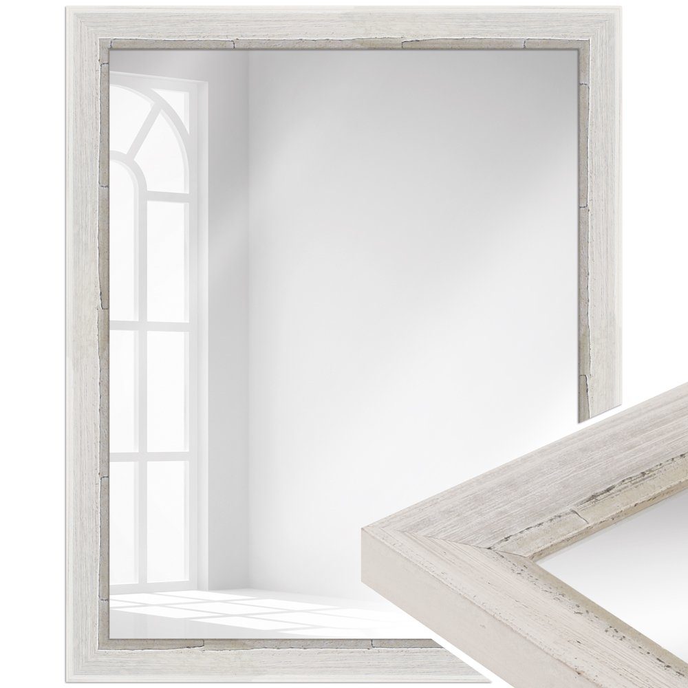 WANDStyle Wandspiegel H640, Weiß, aus Massivholz im Shabby Chic Stil