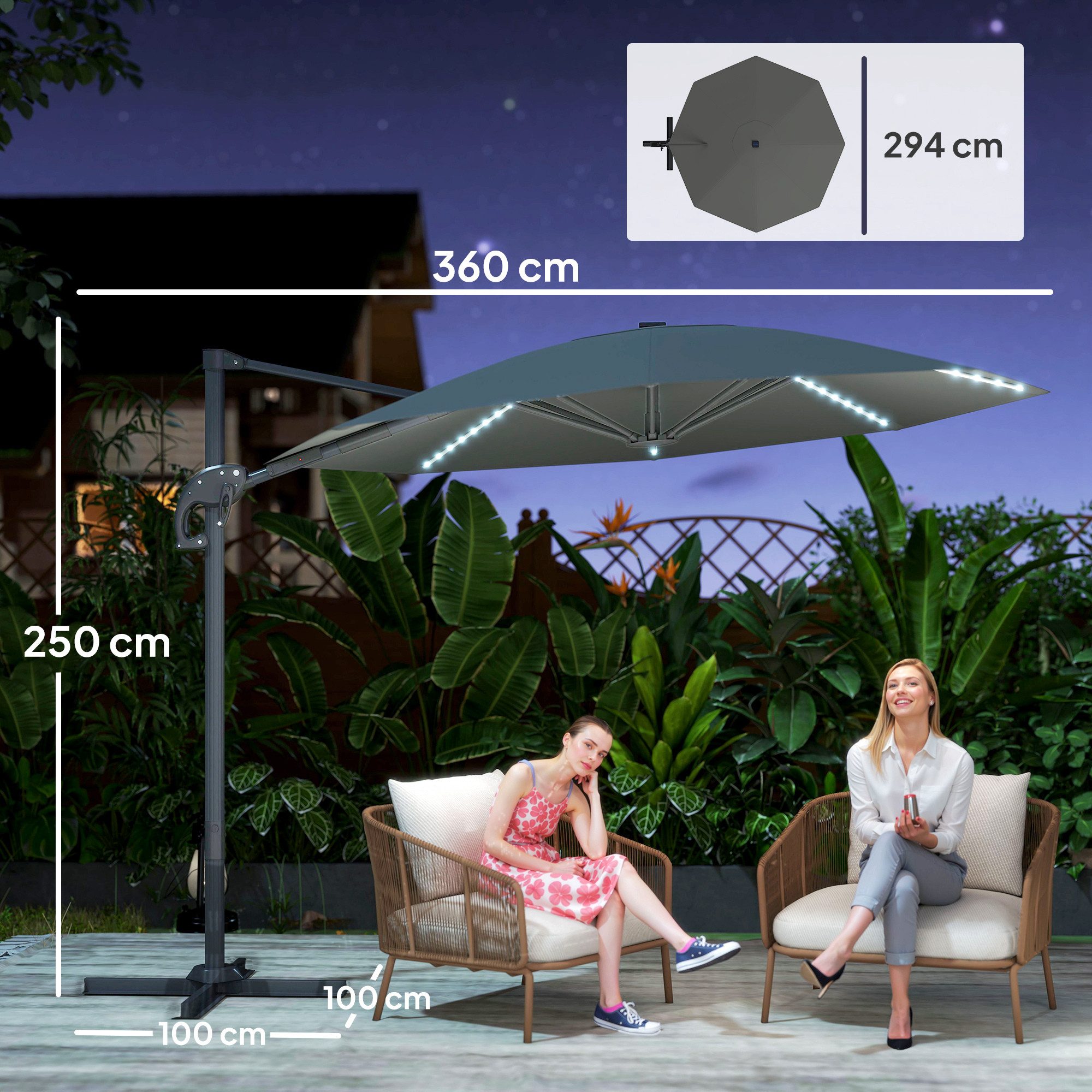 Outsunny Sonnenschirm mit Solar LED, Kurbel, Ständer, UV50+, 360° drehbar, LxB: 300x300 cm, Alu Ampelschirm, höhenverstellbar Marktschirm, Sonnenschutz für Garten, Balkon, Dunkelgrau