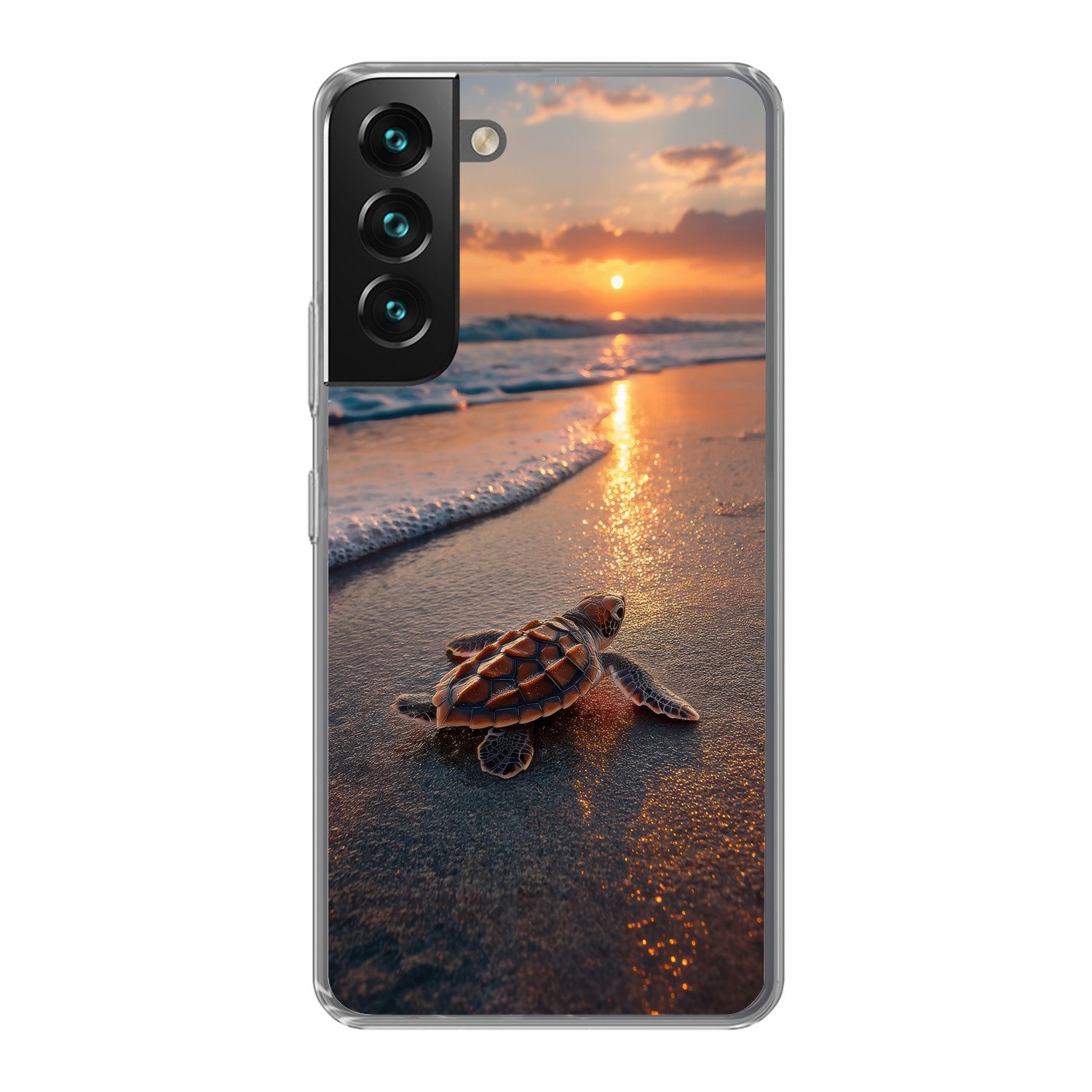 MuchoWow Handyhülle für Samsung Galaxy S22 Schildkröte - Strand - Sonnenuntergang, Phone Case, Silikon, Schutzhülle Dünn