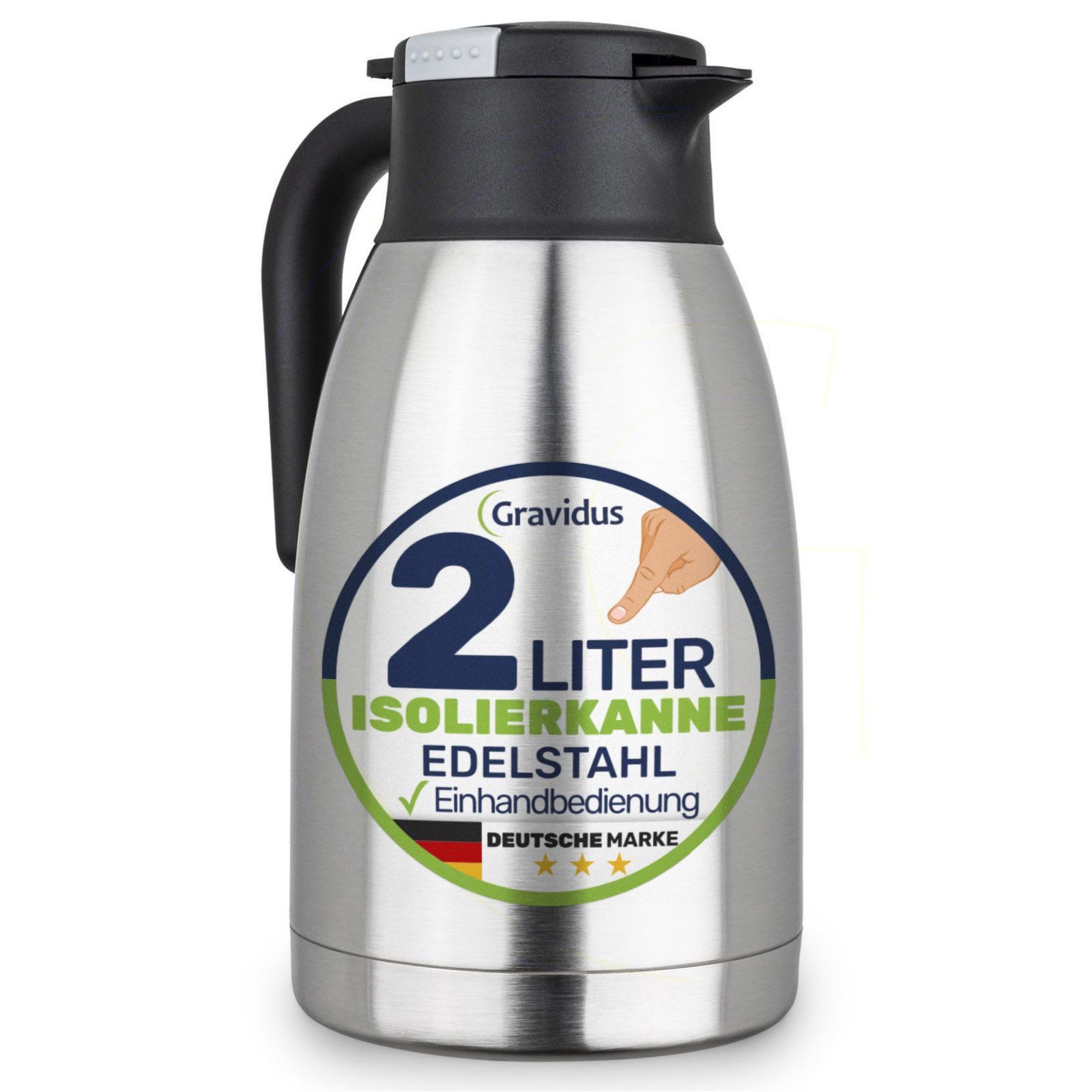 Gravidus Isolierflasche Edelstahl Isolierkanne 2 Liter mit Einhandbedienung