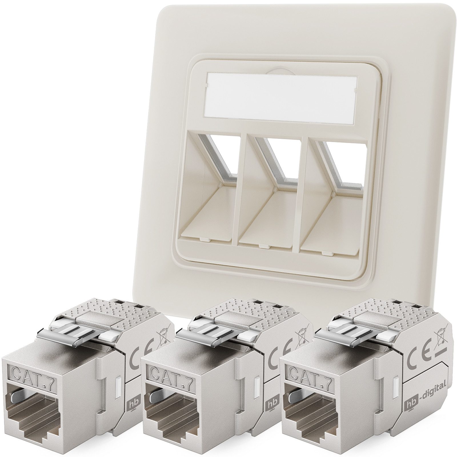 Netzwerkdose 3 Port mit 3x Keystone Modul CAT 7 RJ45 Unterputz RAL9010 Netzwerk-Adapter