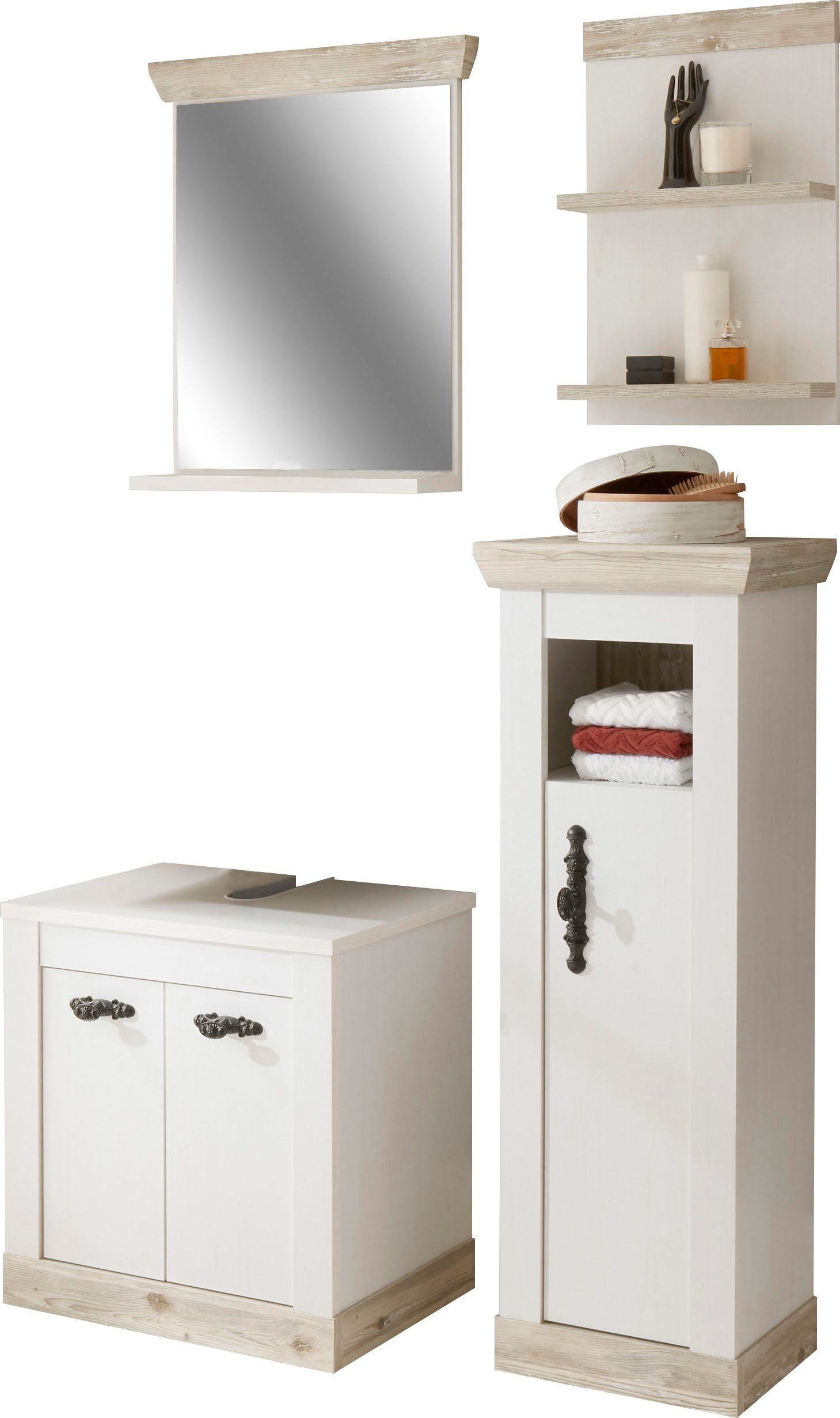 Home affaire Badmöbel-Set Florenz, Bad im Landhausstil, 4-teiliges Badezimmer, (4-St), Unterschrank, Schrank, Wandregal und Spiegel, in Pinie Weiß, Stauraum