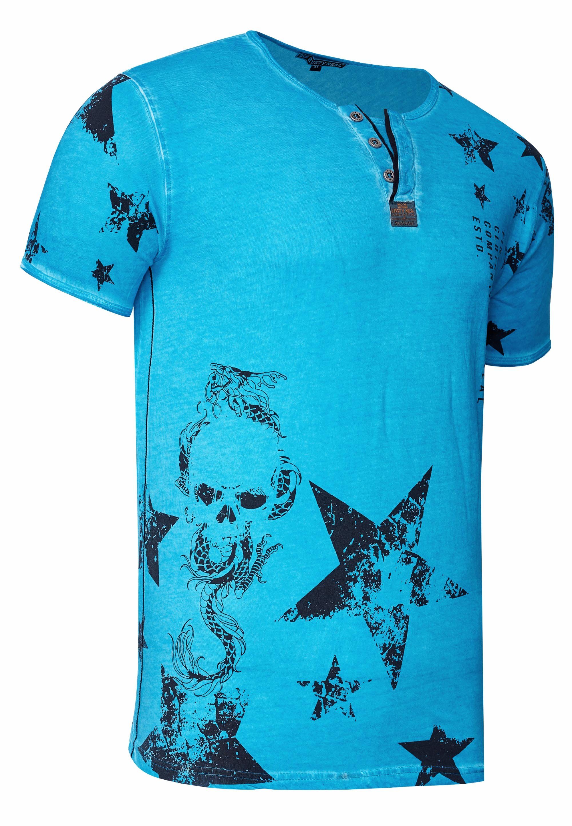 Rusty Neal T-Shirt mit Knopleiste Skull-Print und schwarz