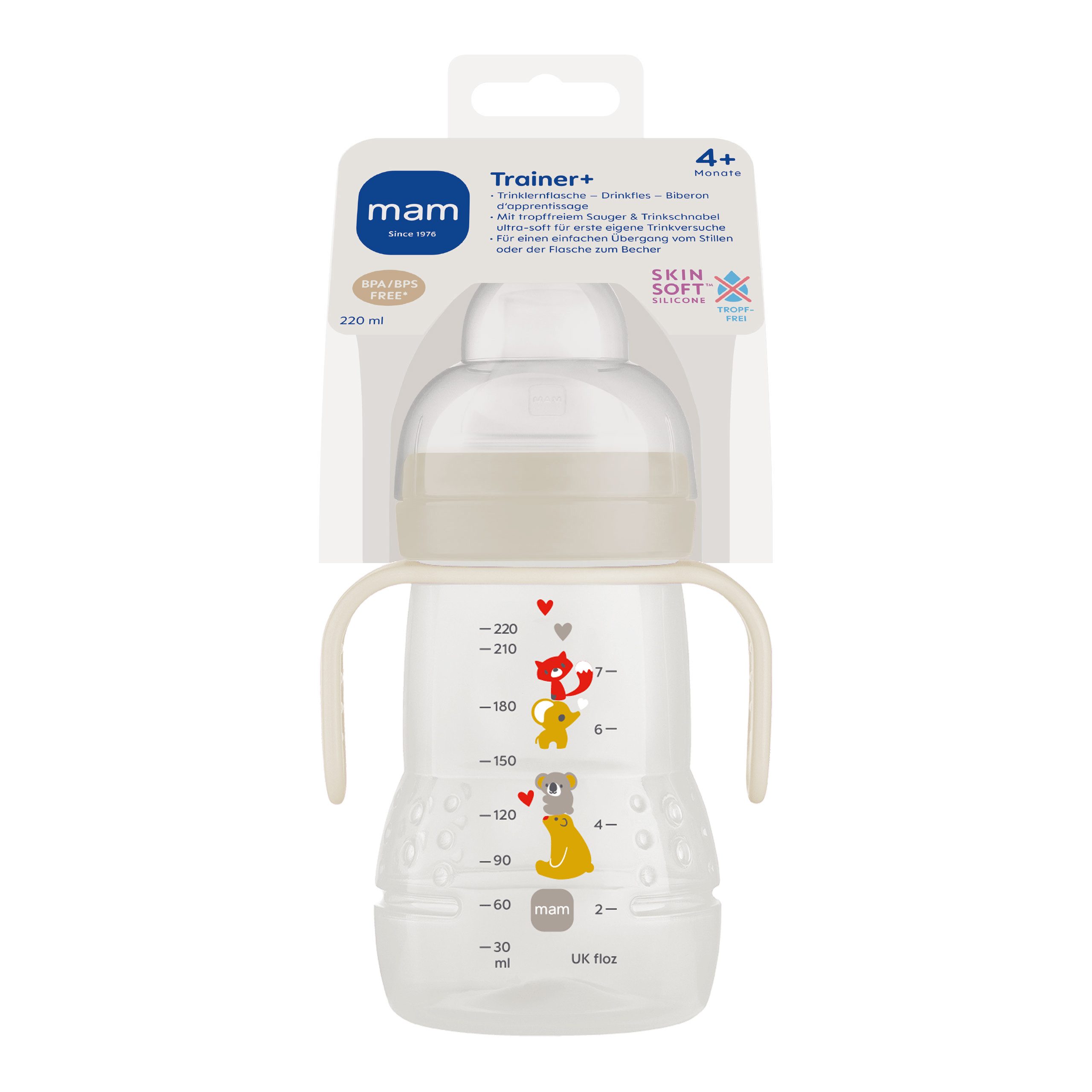 MAM Trinklernbecher Trainer+ Cup 220ml 4m+ Baby Trinklernflasche mit Griffen, Kunststoff, Mit 2 verschiedenen Trinkaufsätzen für zweistufiges Lernen