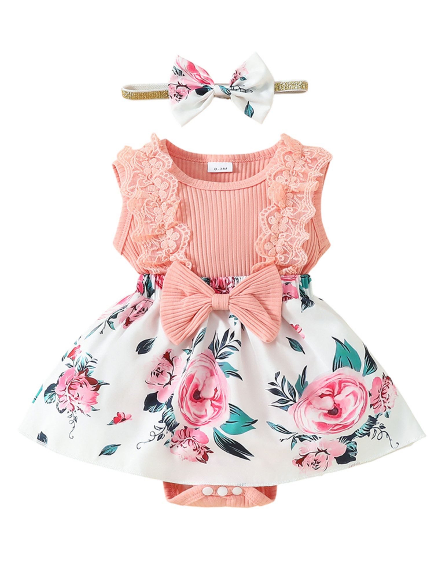 Lapastyle Strampler Neugeborene Babykleidung mit Sptize Sommerkleid süß Partykleid Set (Set, 2-tlg) Baby Mädchen Kurzarm Blumen Strampler & Haarband Outfit A-Linien-Kleid