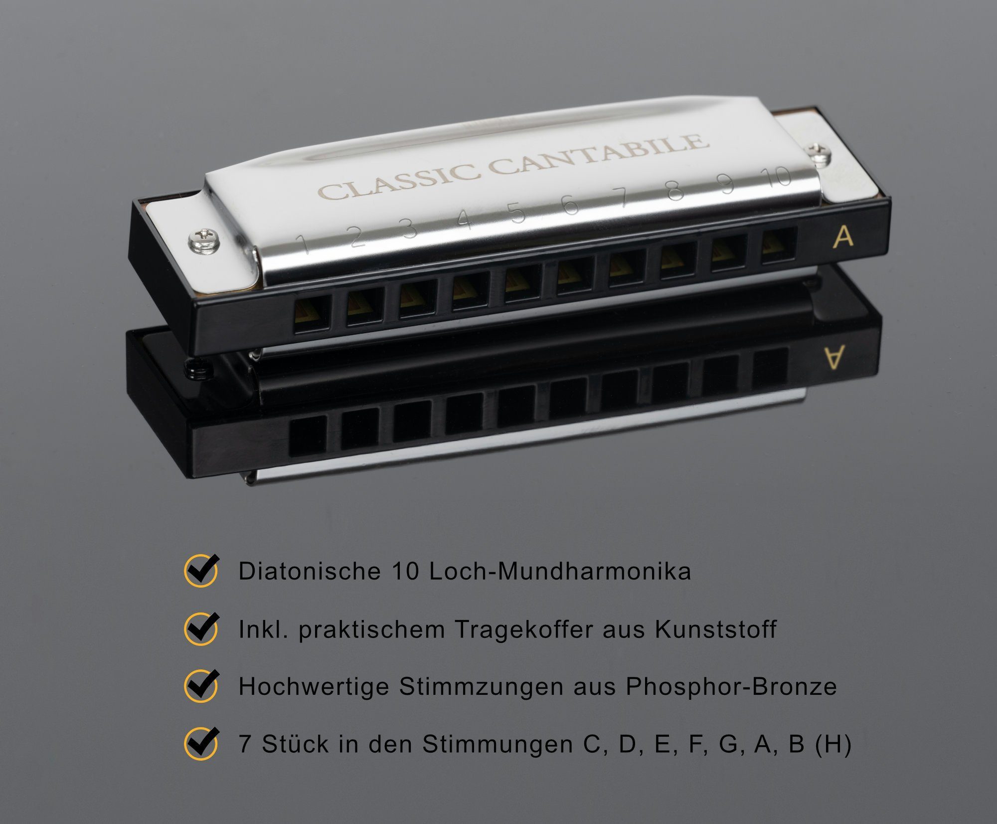 Classic Cantabile Mundharmonika in verschiedenen Stimmungen, 7-St., inkl. Etui & Pflegetuch, Blues Harmonica - 10 Messing Stimmzungen - Edelstahl-Gehäuse
