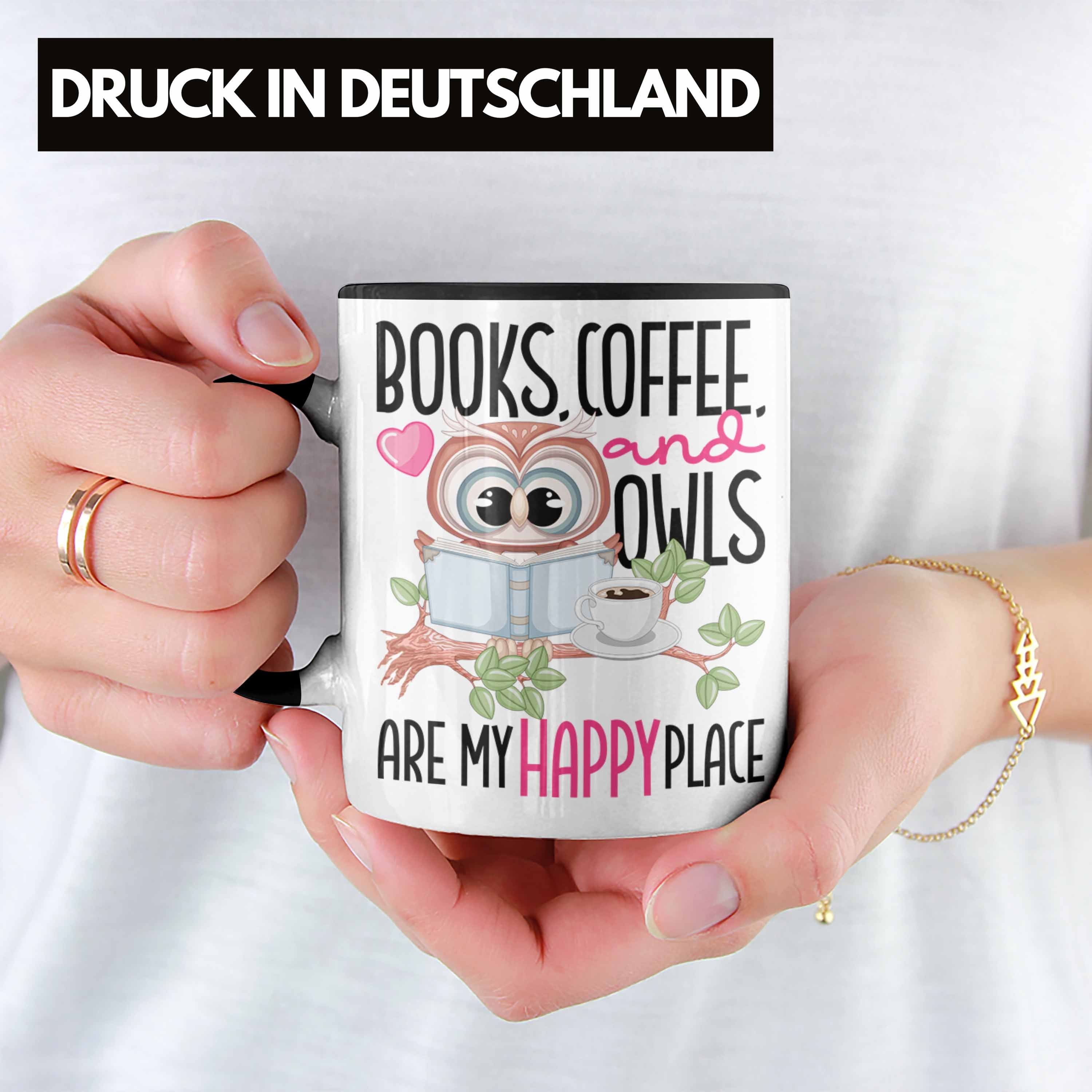 Leseratte Tasse Happy Geschenk Kaffee Eulen Lesen Bücher Tasse Trendation Schwarz Bücher Place
