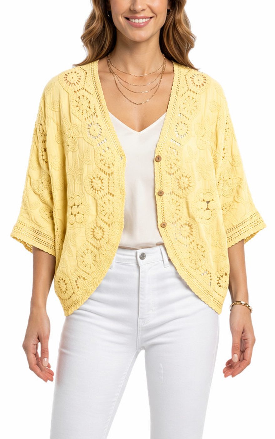dy_mode Cardigan Damen Häkel Cardigan Kurze Sommerjacke Häkeloberteil Sommerjacke in Unifarben, mit Fledermaus-Ärmeln
