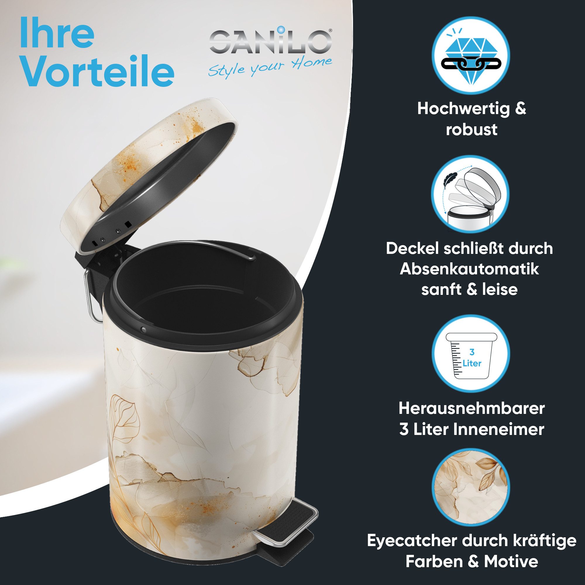 Sanilo Kosmetikeimer mit Motiv, viele schöne Bad Mülleimer zur Auswahl, 3 Liter, Abfalleimer mit Absenkautomatik & Innenbehälter