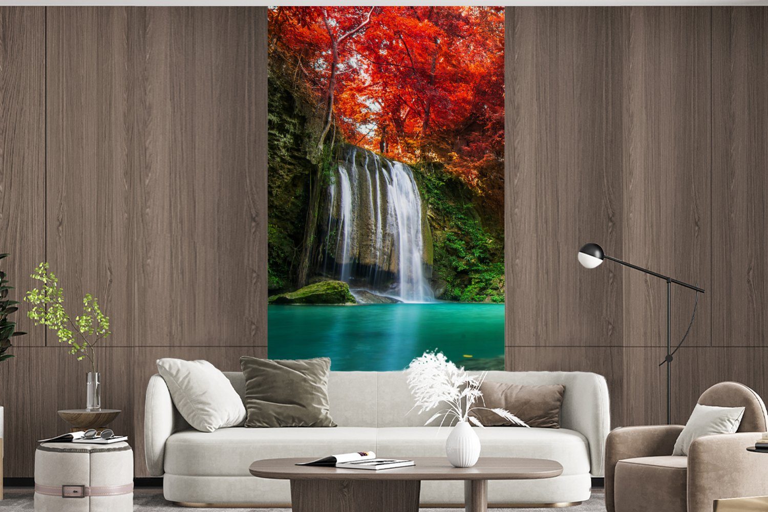 MuchoWow Fototapete Wasserfall Wasser, bedruckt, Schlafzimmer Küche, Vliestapete - - Wohnzimmer Herbst Fototapete - - Rot für Matt, St), (2 Baum