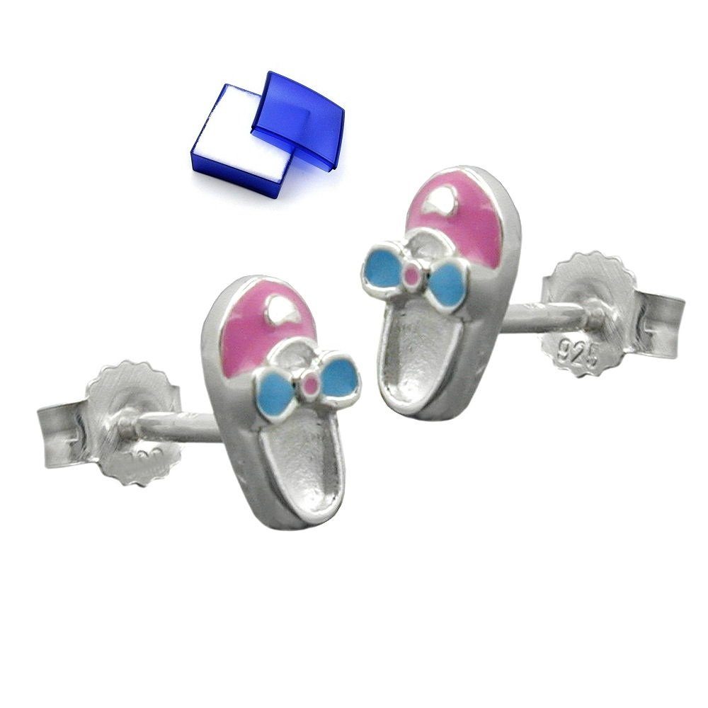 hellblau für 925 4 Schmuckbox, Silber x Schuh rosa Stecker inklusive Paar 8 Ohrstecker mm unbespielt Kinderohrringe lackiert Silberschmuck Kinder