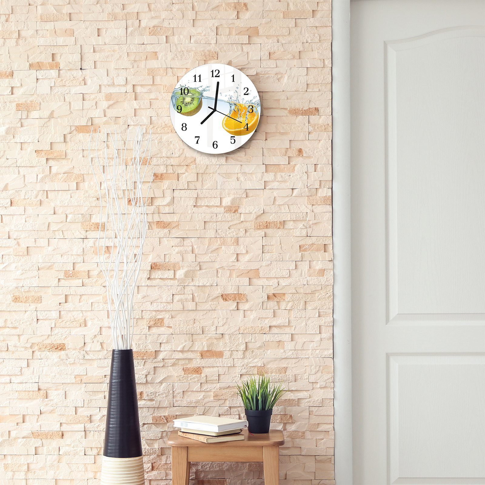 Durchmesser - 30 Fruchtspritzer mit aus und Primedeco Wanduhr mit Quarzuhrwerk Rund Glas cm Wanduhr Motiv