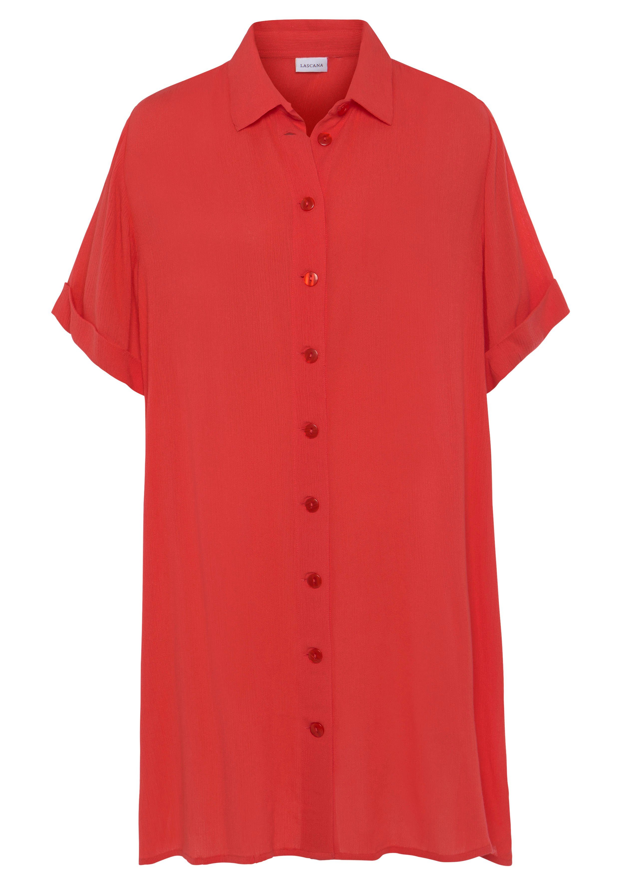 LASCANA Longbluse mit korallrot Blusenkleid, Kurzarmbluse, sommerlich Knopfleiste