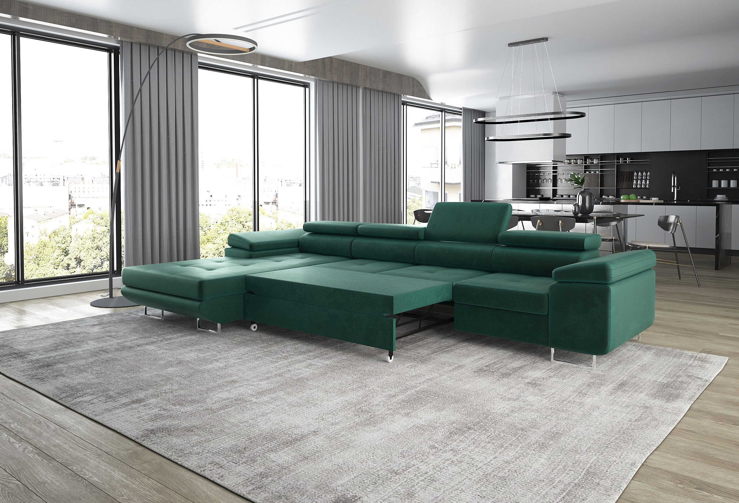 thematys Ecksofa ALVARO MAXI 355 x 204cm mit Schlaffunktion & Bettkasten –, L-Sofa mit 4 verstellbaren Kopfstützen, Samt (Monolotith), oder Cord (Poso) - L-Form, XL-Wohnlandschaft, 355 cm breit