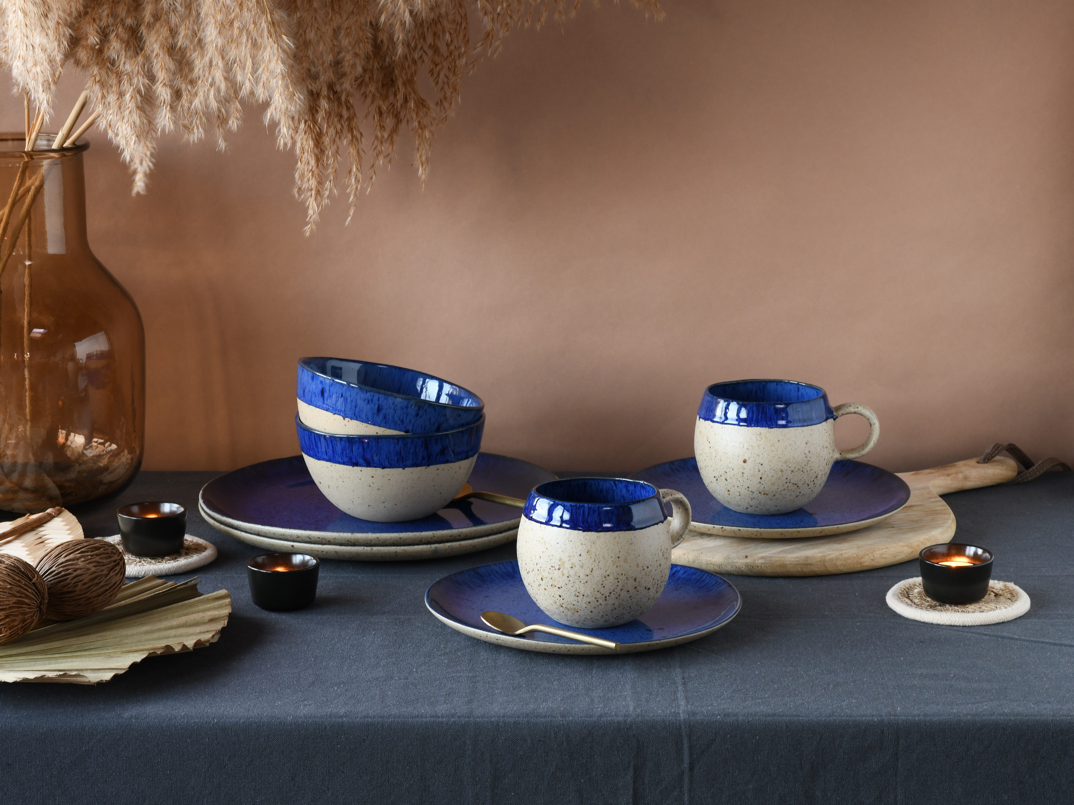 CreaTable Kombiservice Geschirr-Set Deep Blue Sea (8-tlg), 2 Personen, Steinzeug, Service, jedes Stück ist ein Unikat, 8 Teile, für 2 Personen