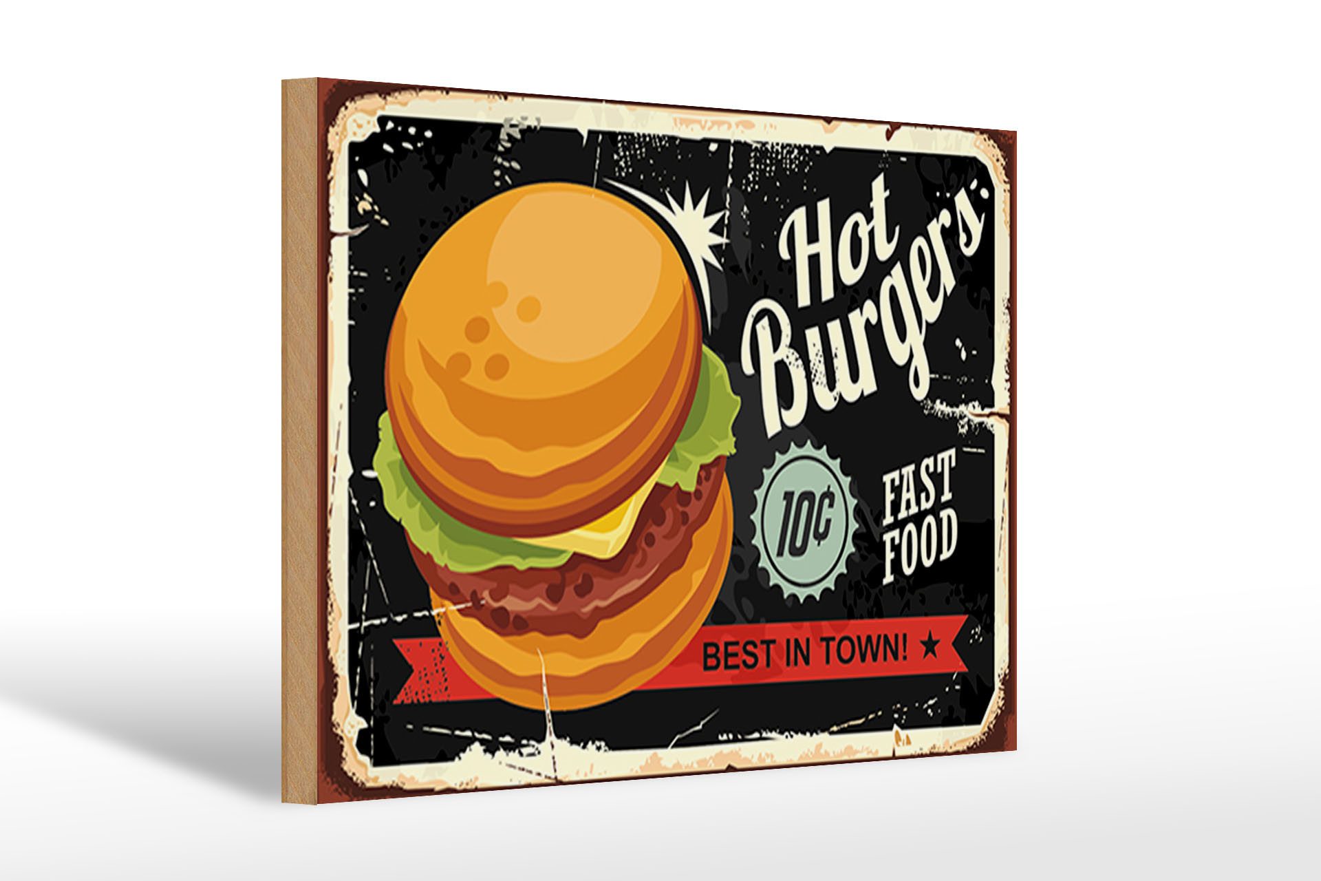 Holzbild Retro 30x20cm hot burgers best in town