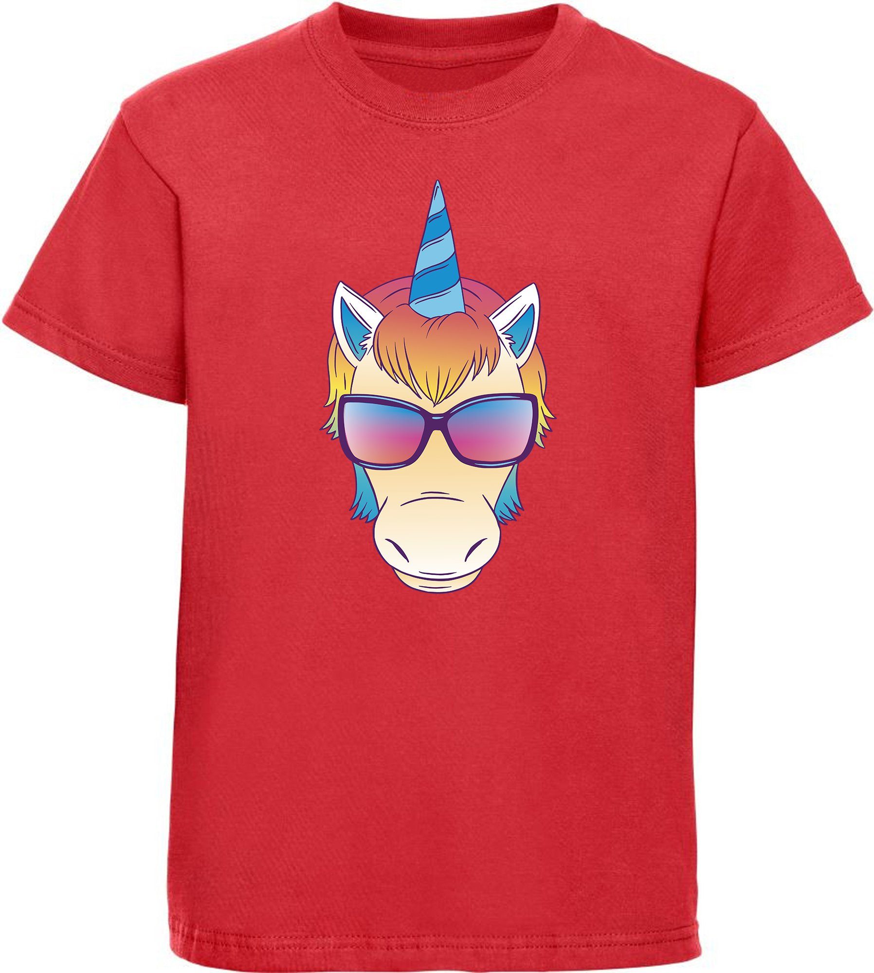 i255 Print - Aufdruck, Kinder Shirt T-Shirt Sonnenbrille Kopf bedruckt Baumwollshirt rot mit MyDesign24 mit Einhorn