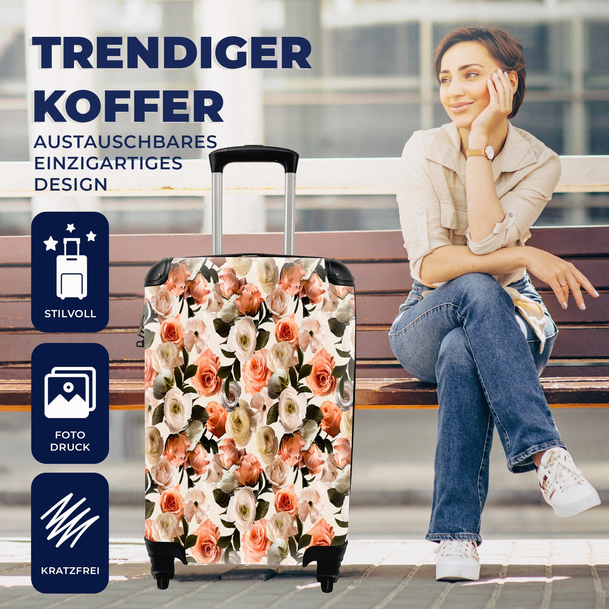 Trolley, rollen, Blumen Reisekoffer Reisetasche Farben, Ferien, 4 - Rosen Handgepäck MuchoWow - Handgepäckkoffer für Rollen, mit