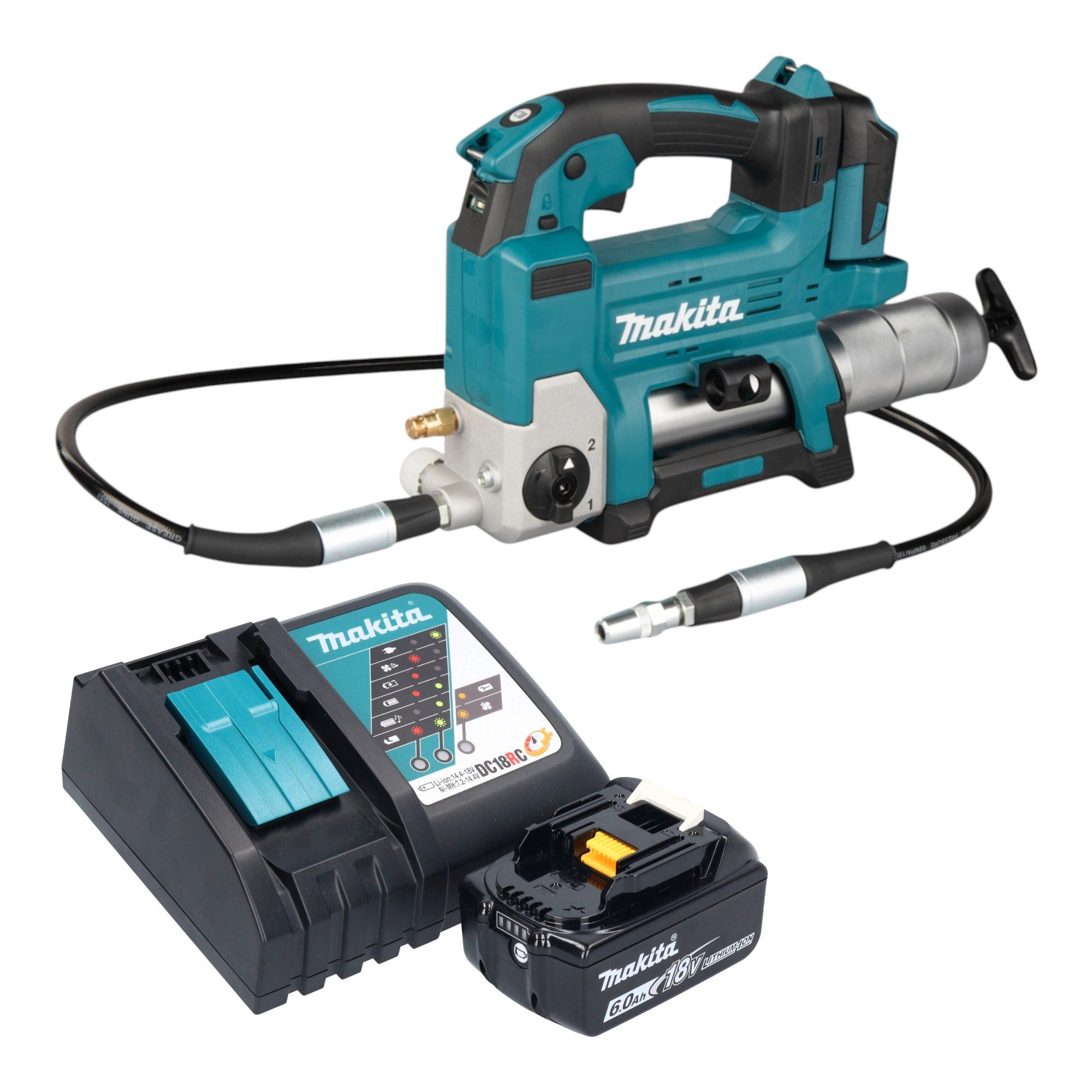 Makita Werkstattpresse DGP 180 RG1 Akku Fettpresse 18 V 690 bar + 1x Akku 6,0 Ah + Ladegerät