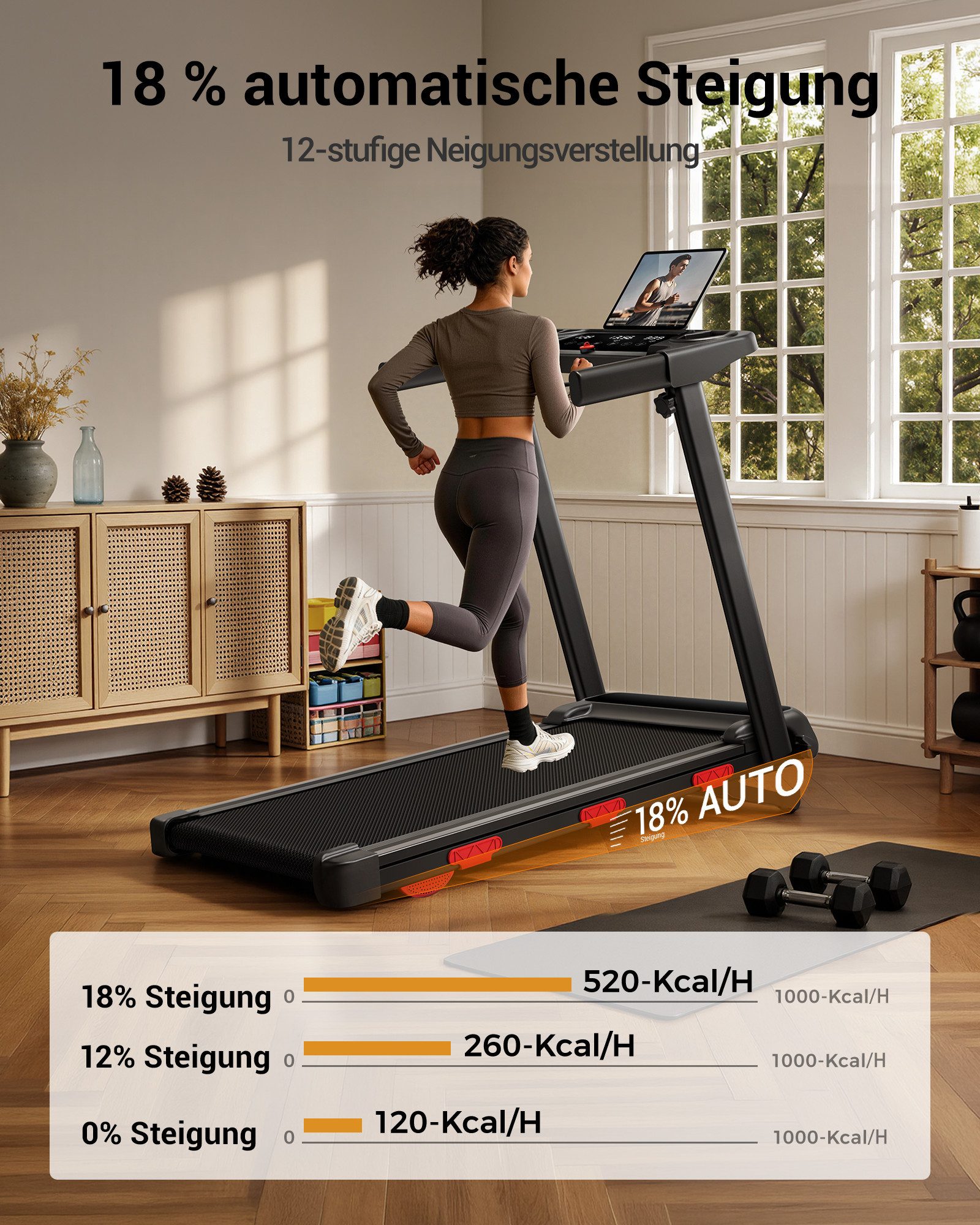 LONTEK Laufband für Zuhause mit Steigung AUTO 18%, 12KM/H Laufband für Zuhause (1-tlg), mit Tastenbedienung, MAX 160KG
