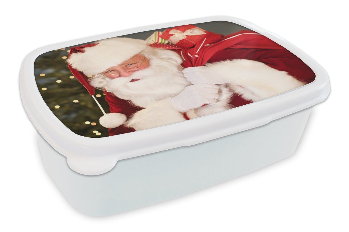 MuchoWow Lunchbox Ein Porträt des Weihnachtsmanns, der einen roten Sack über der, Kunststoff, (2-tlg), Brotbox für Kinder und Erwachsene, Brotdose, für Jungs und Mädchen weiß