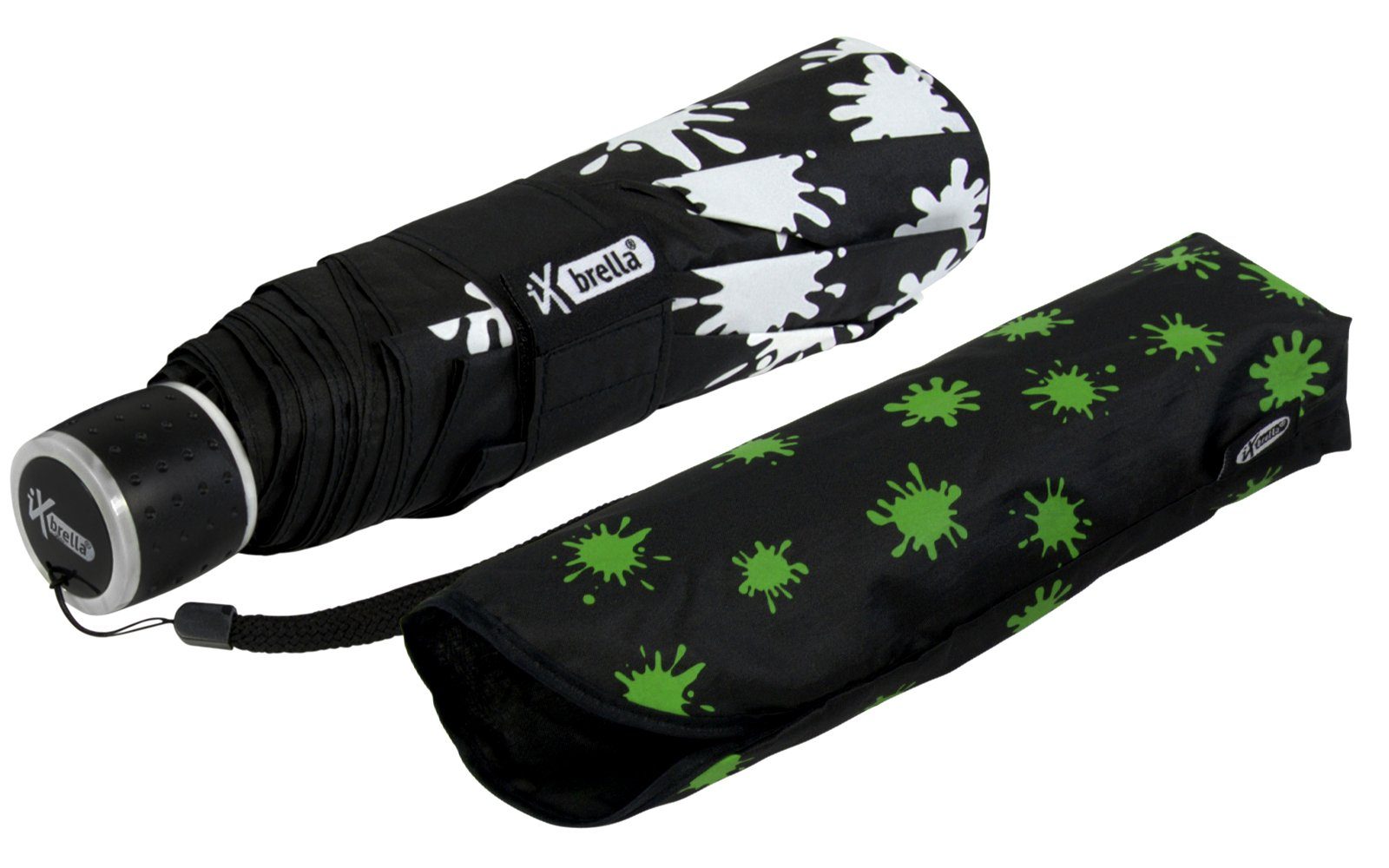 leicht, iX-brella - Mini Farbkleckse - - Farbänderung Ultra Taschenregenschirm bei extra Dach Nässe mit schwarz-weiß-neongrün neon-grün großem Light