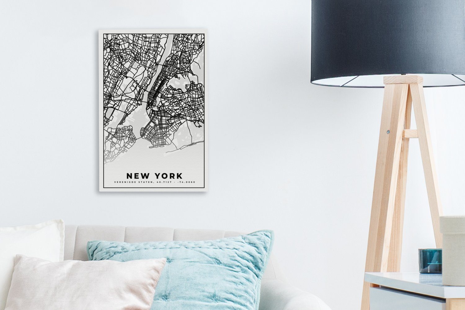 OneMillionCanvasses® Leinwandbild Stadtplan cm (1 Leinwandbild New inkl. - York Gemälde, St), 20x30 fertig Schwarz - - bespannt und weiß Karte, Zackenaufhänger