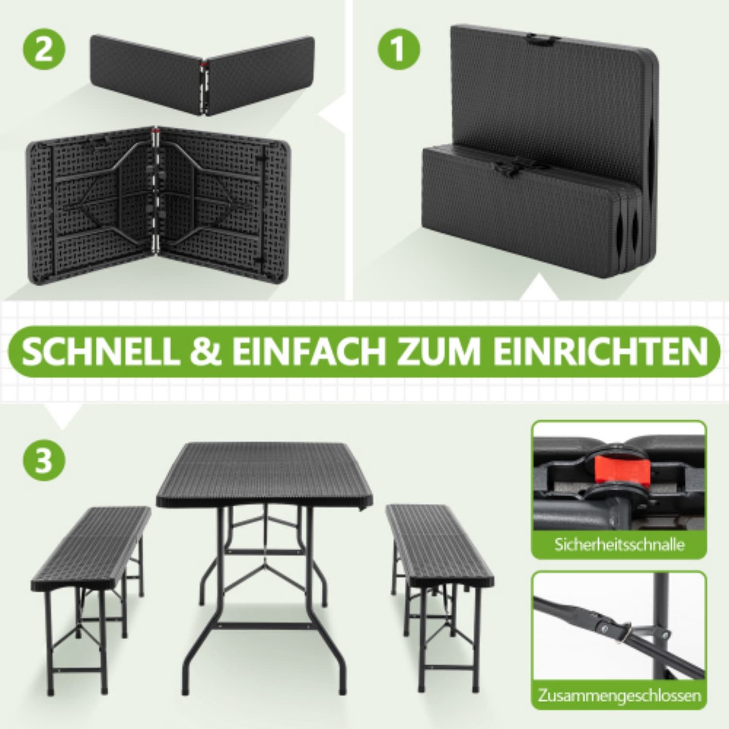 ANYSUN Bierzeltgarnitur Bierzeltgarnitur 3-teilig, Klapptisch mit 2 Bänken, Camping Set HDPE, (Ein Tisch, zwei Bänke), klappbar,platzsparend,wetterfest,UV-beständig,Sicherheitsverriegelung