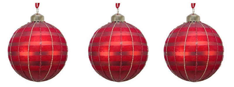 Decoris season decorations Weihnachtsbaumkugel, Weihnachtskugeln Glas mit Streifen Motiv 8cm weihnachtsrot, 3er Set